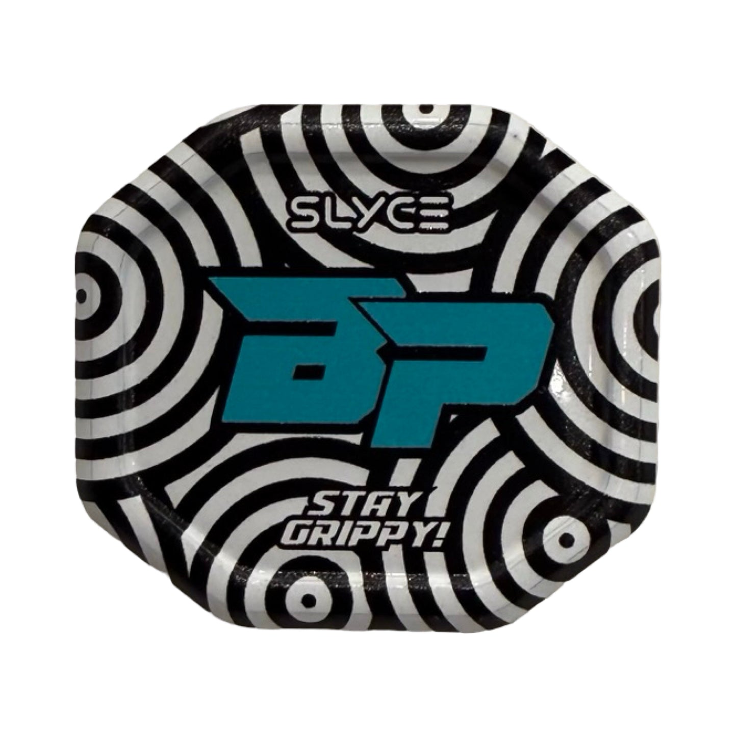 A small black-and-white aluminum tray with hypnotic swirls, "SLYCE" at the top, bold teal BP letters in the center, and "STAY GRIPPY!" below—a striking Slyce Sport Special Edition Bodhi Pickleball SpeedCap Paddle Performance Enhancer.