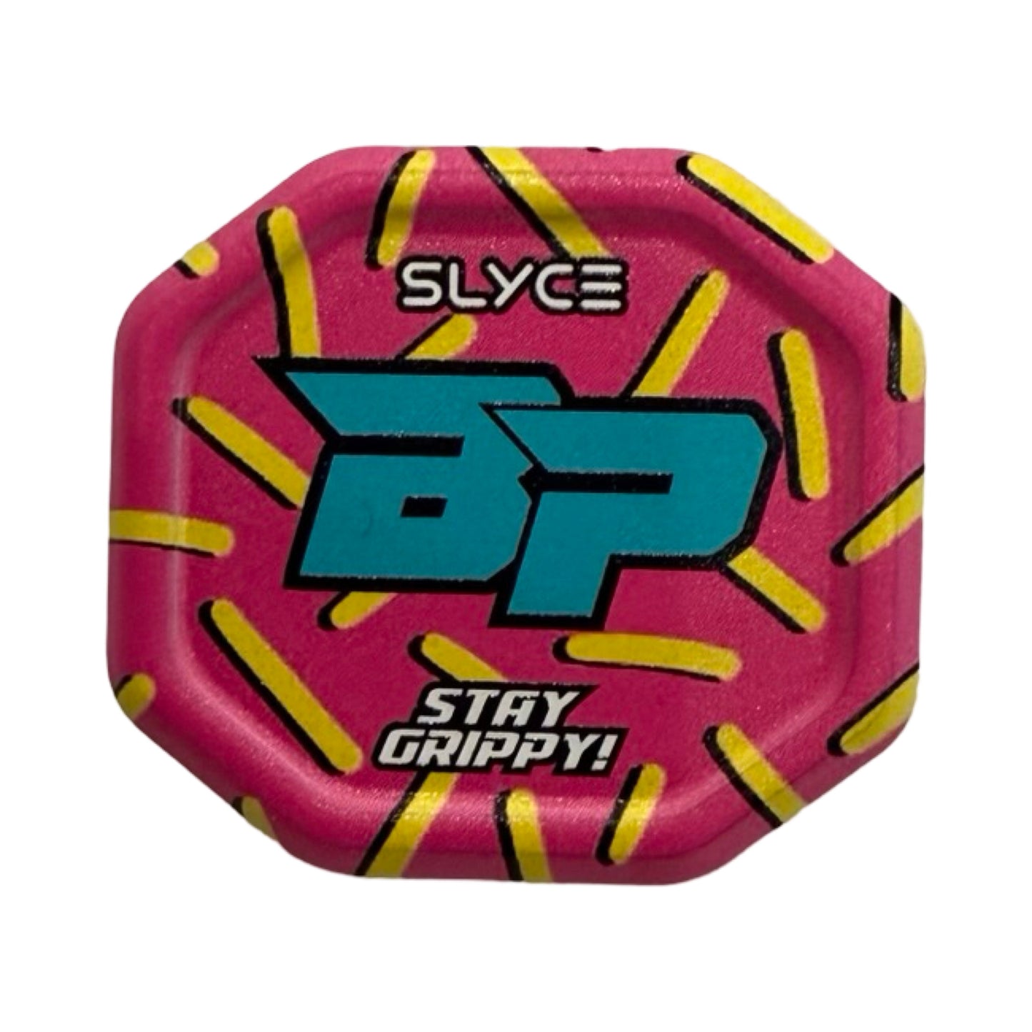 The Special Edition Bodhi Pickleball Sprinkles SpeedCap by Slyce Sport is a pink, octagonal paddle grip cap with yellow sprinkles and bold blue “BP” letters, featuring “SLYCE” above and “STAY GRIPPY!” below on a white background. 28g (1.0 oz.).