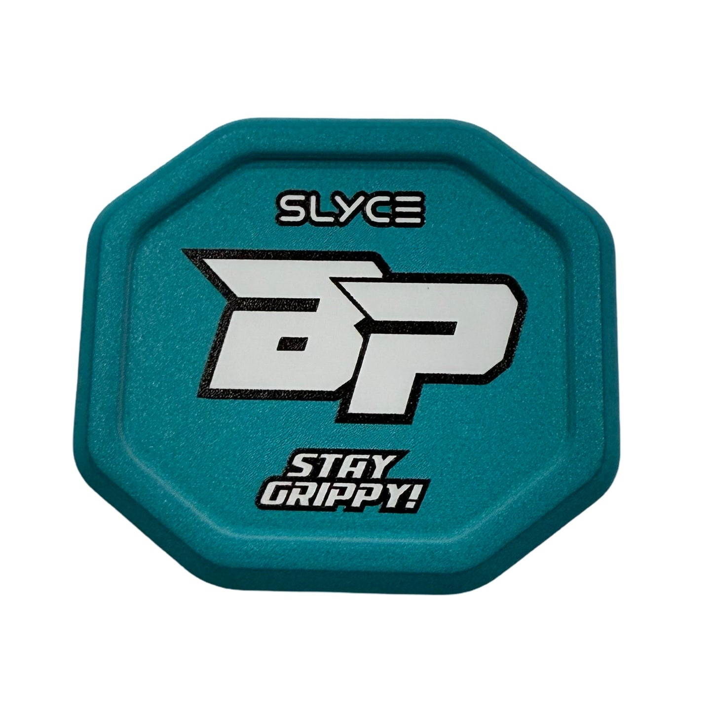 The Special Edition Bodhi Pickleball Teal SpeedCap (28g, 1.0 oz.) Paddle Performance Enhancer by Slyce Sport features a teal, octagonal aluminum cap with bold white “BP”, “SLYCE” above, and “STAY GRIPPY!” below in stylized white letters.