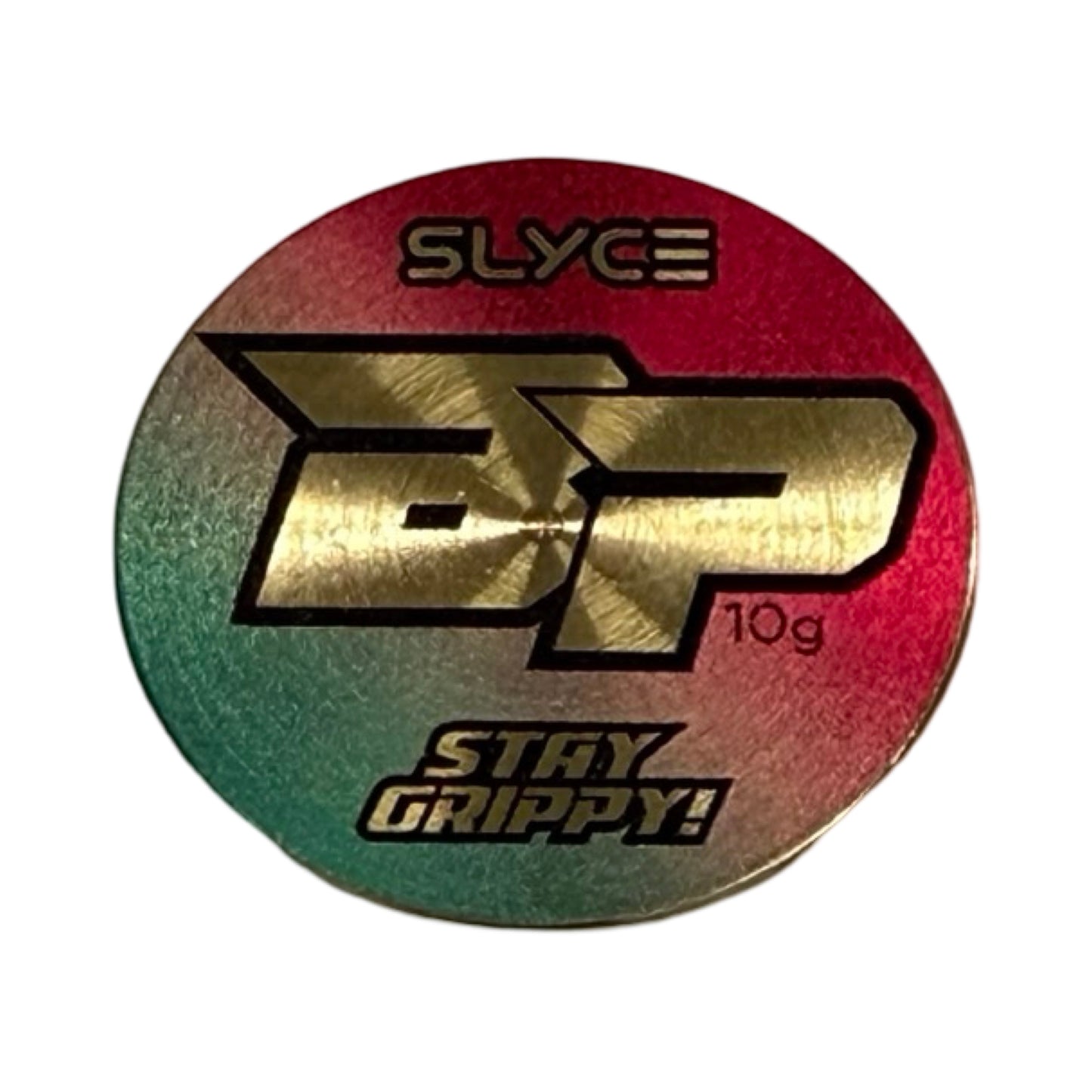 A round, metallic Special Edition Bodhi Pink/Teal SpeedCoins paddle handle weight by Slyce Sport features bold gold “BP” and “10g,” plus “SLYCE” and “STAY GRIPPY!” accents—perfect for upgrading your brass paddle accessories.