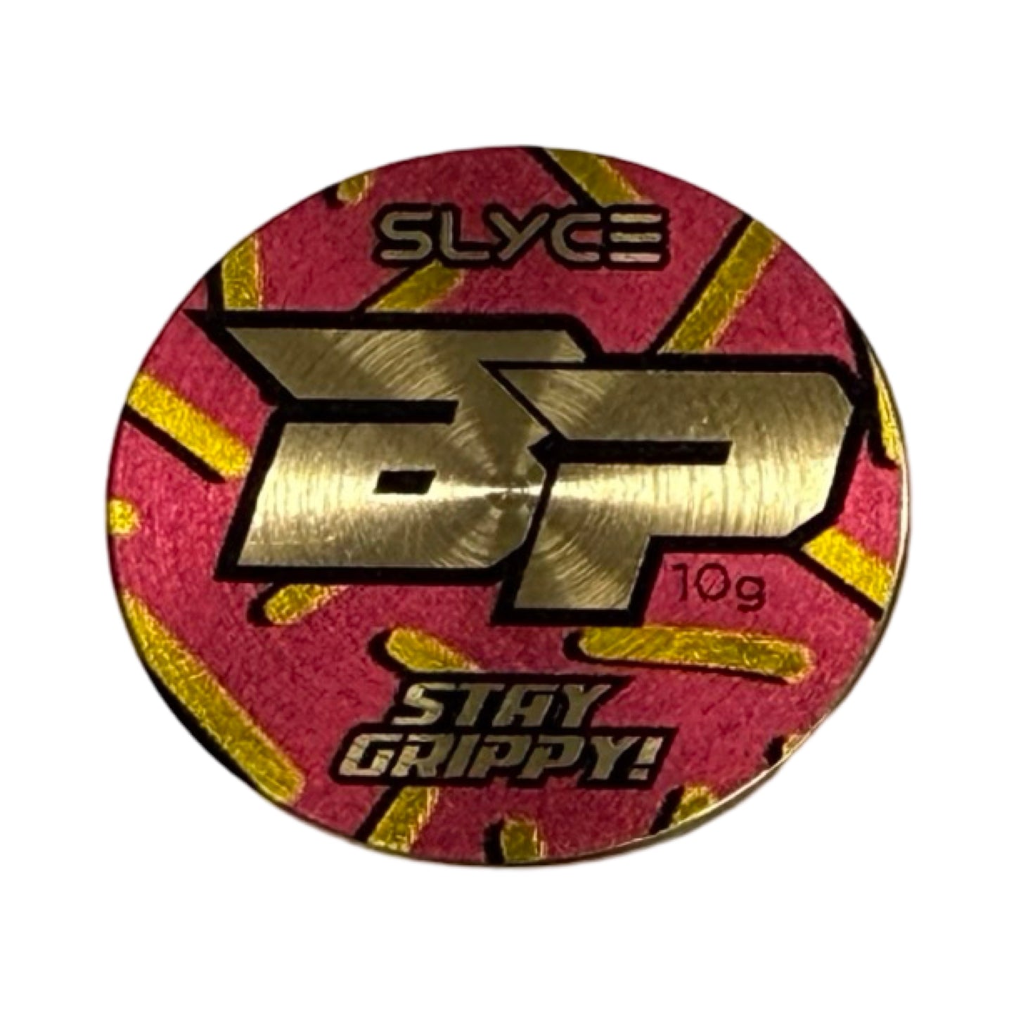 The Special Edition Bodhi SpeedCoins by Slyce Sport are bold, round metallic paddle handle weights for pickleball paddles, featuring a pink-yellow abstract background and gold “GP 10g” text with the phrases “SLYCE” and “STAY GRIPPY!”.