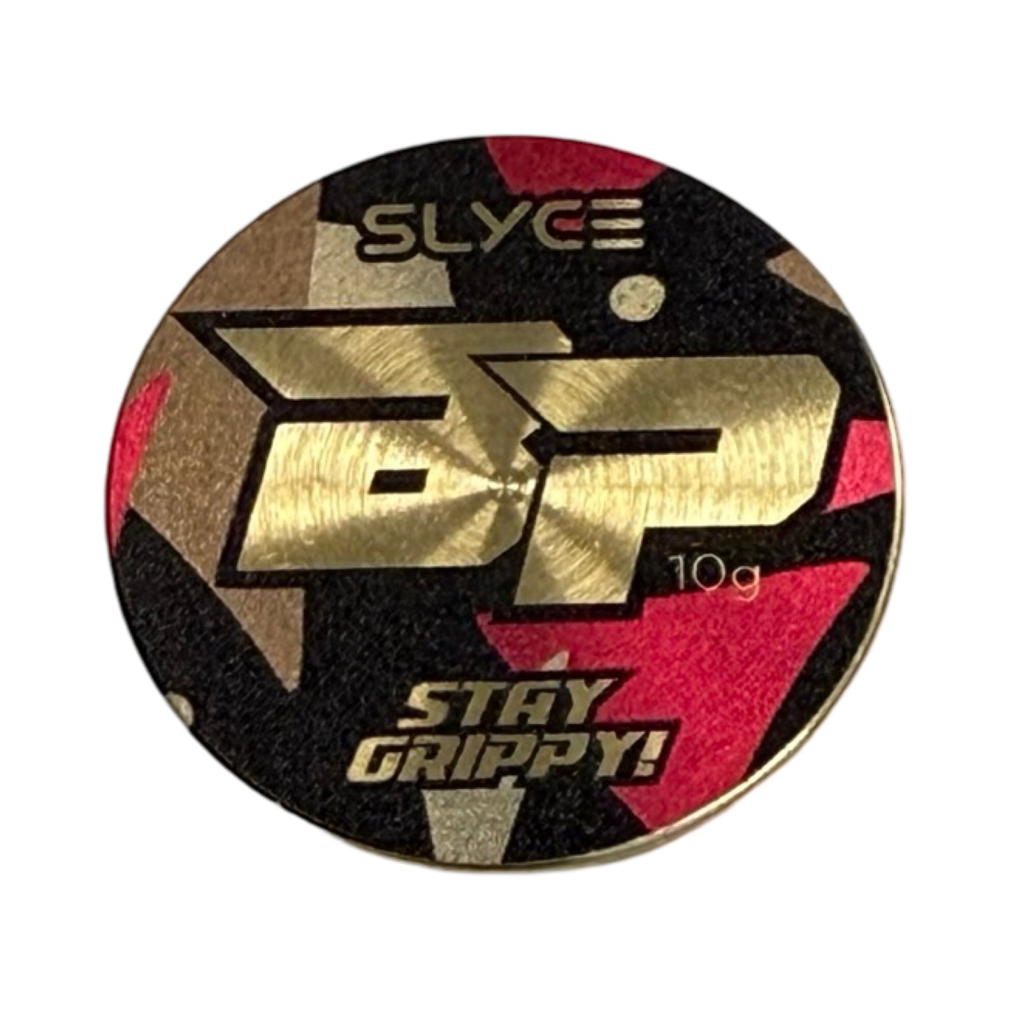 The Special Edition Bodhi SpeedCoins by Slyce Sport are metallic, circular 10g paddle handle weights with bold GP letters on a black, red, beige, and gold camo background—add style and balance to your pickleball paddle!.
