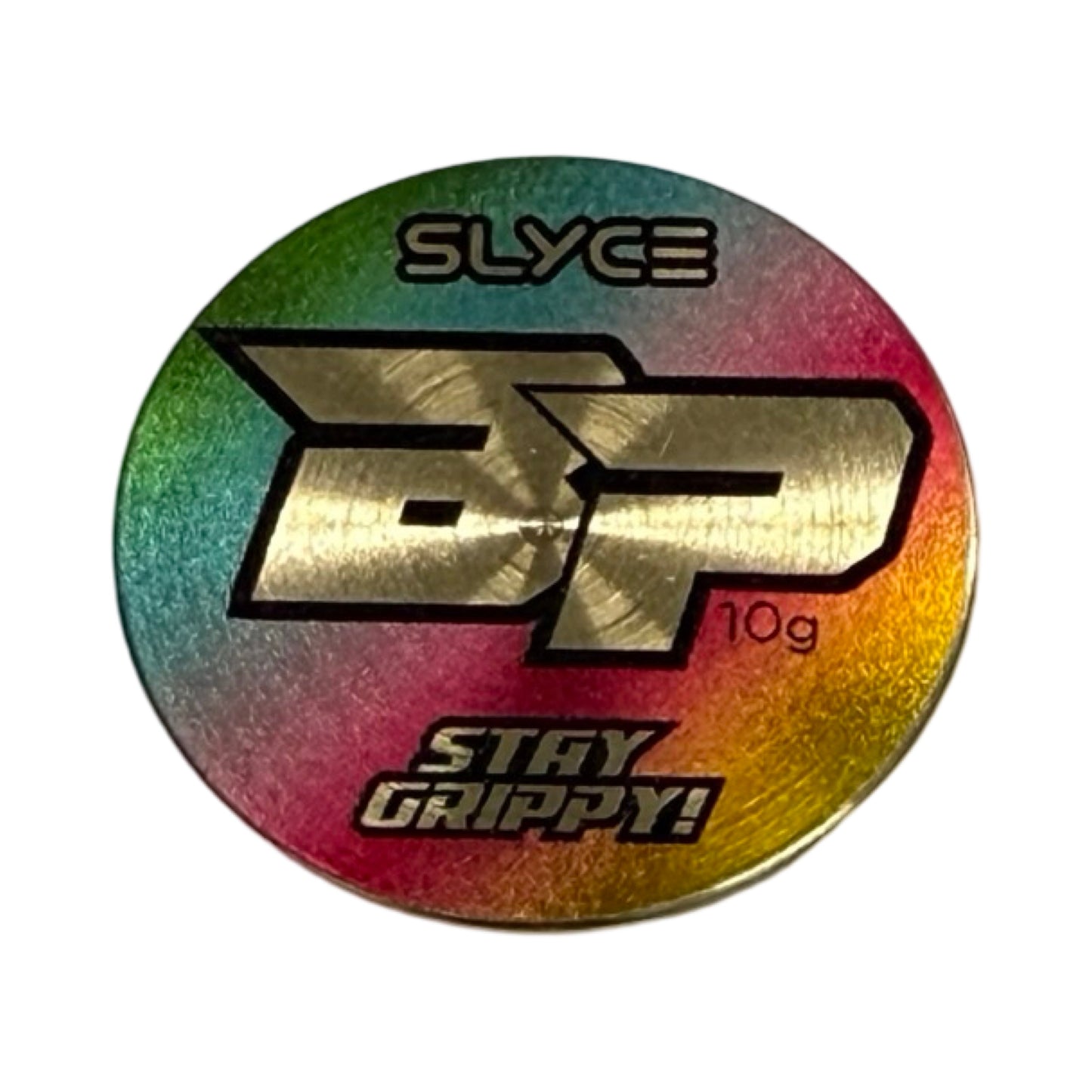 The Special Edition Bodhi SpeedCoins by Slyce Sport are round, metallic paddle handle weights for pickleball paddles featuring a rainbow gradient, large gold "BP" center, "10g" in purple at bottom right, "SLYCE" on top, and “STAY GRIPPY!” below.