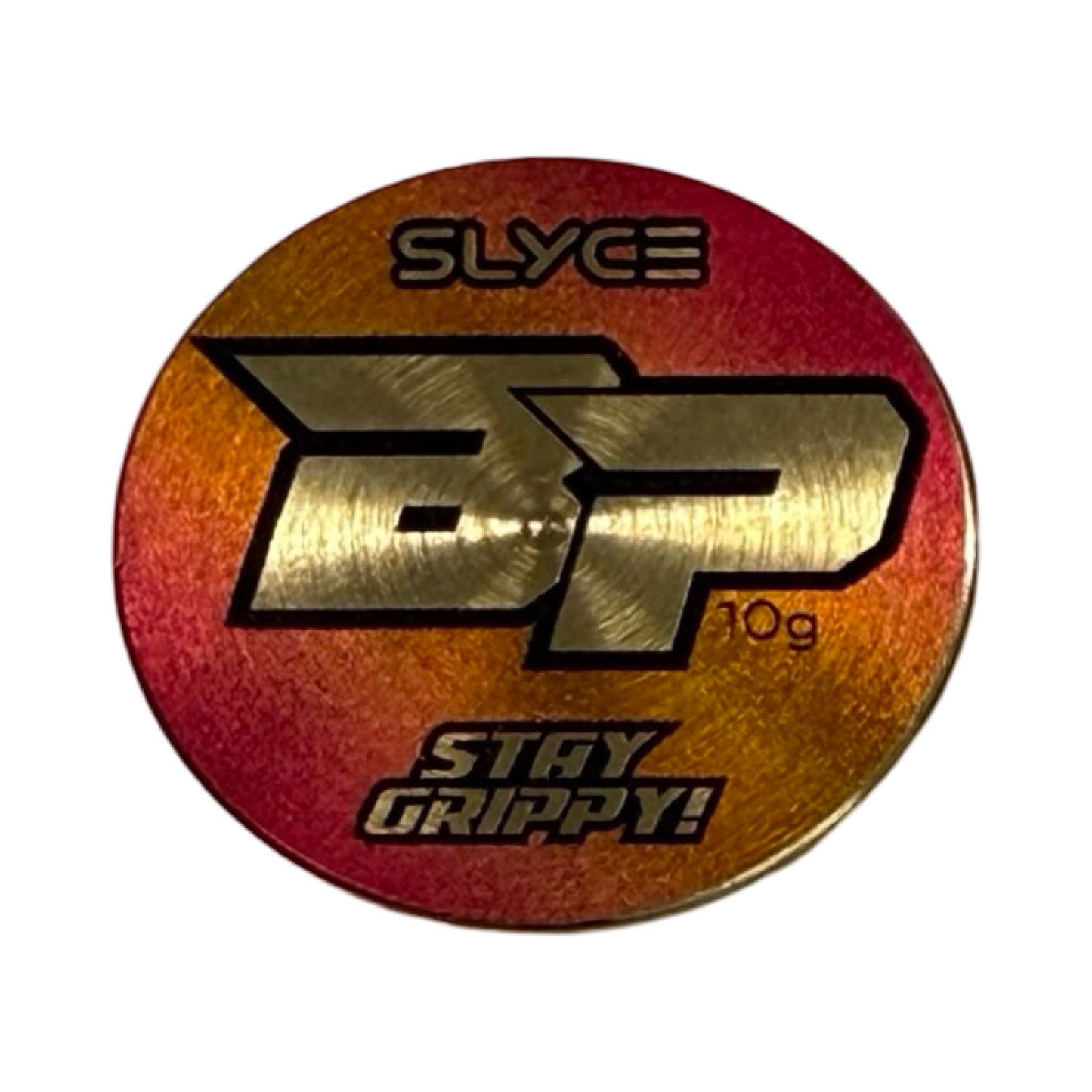 A round, metallic disc with a red and gold gradient displays the bold “SP” logo in gold for Slyce Sport. “SLYCE,” “10g,” and “STAY GRIPPY!” appear—perfect for enthusiasts of Special Edition Bodhi Sunset SpeedCoins Paddle Handle Weights.