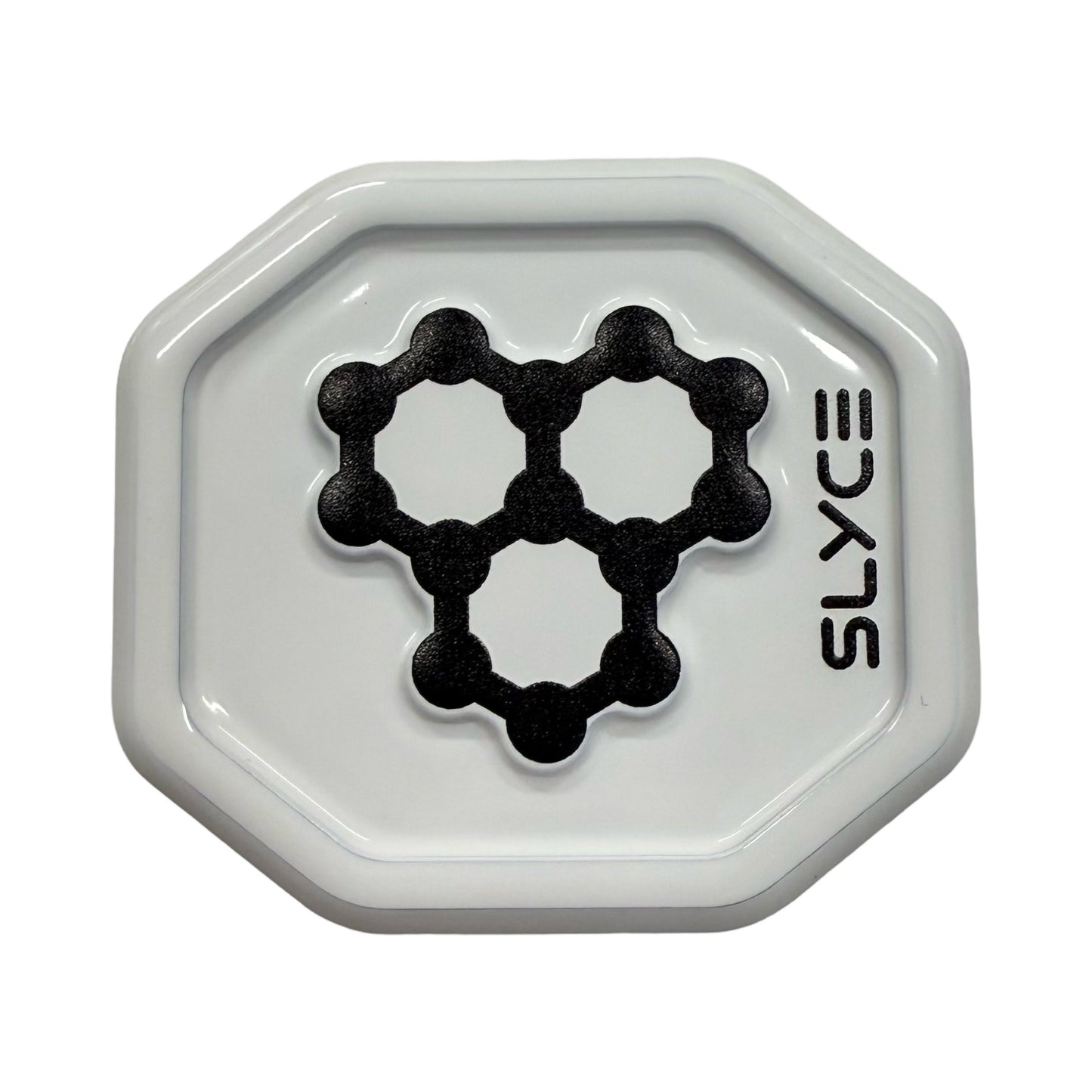 A white, octagonal Special Edition CRBN SpeedCap (28g) from Slyce Sport features a bold black molecular design and "SLYCE" text, inspired by premium pickleball paddle grip caps like SpeedCap and CRBN for top performance.