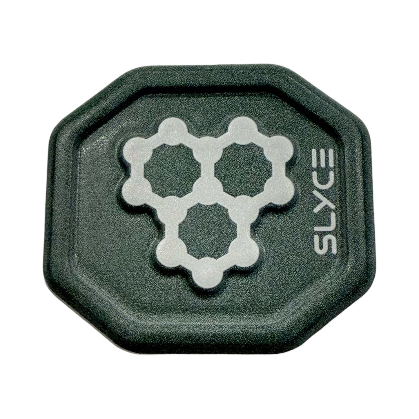 The Special Edition CRBN SpeedCap (28g, 1.0 oz.) by Slyce Sport is a black, octagonal grip cap with a textured surface, three white hexagons in the center, and “SLYCE” printed vertically; fits as a replacement or enhancer for CRBN Pickleball Paddles.