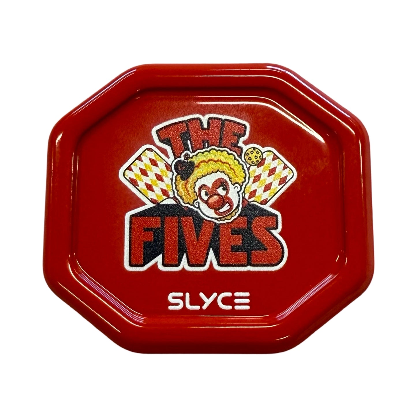 The Special Edition New Jersey Five’s SpeedCap (28g, 1.0 oz.) by Slyce Sport features a red octagonal design with a cartoon clown face, two pizza slices, and the bold words THE FIVES above SLYCE on a white background.