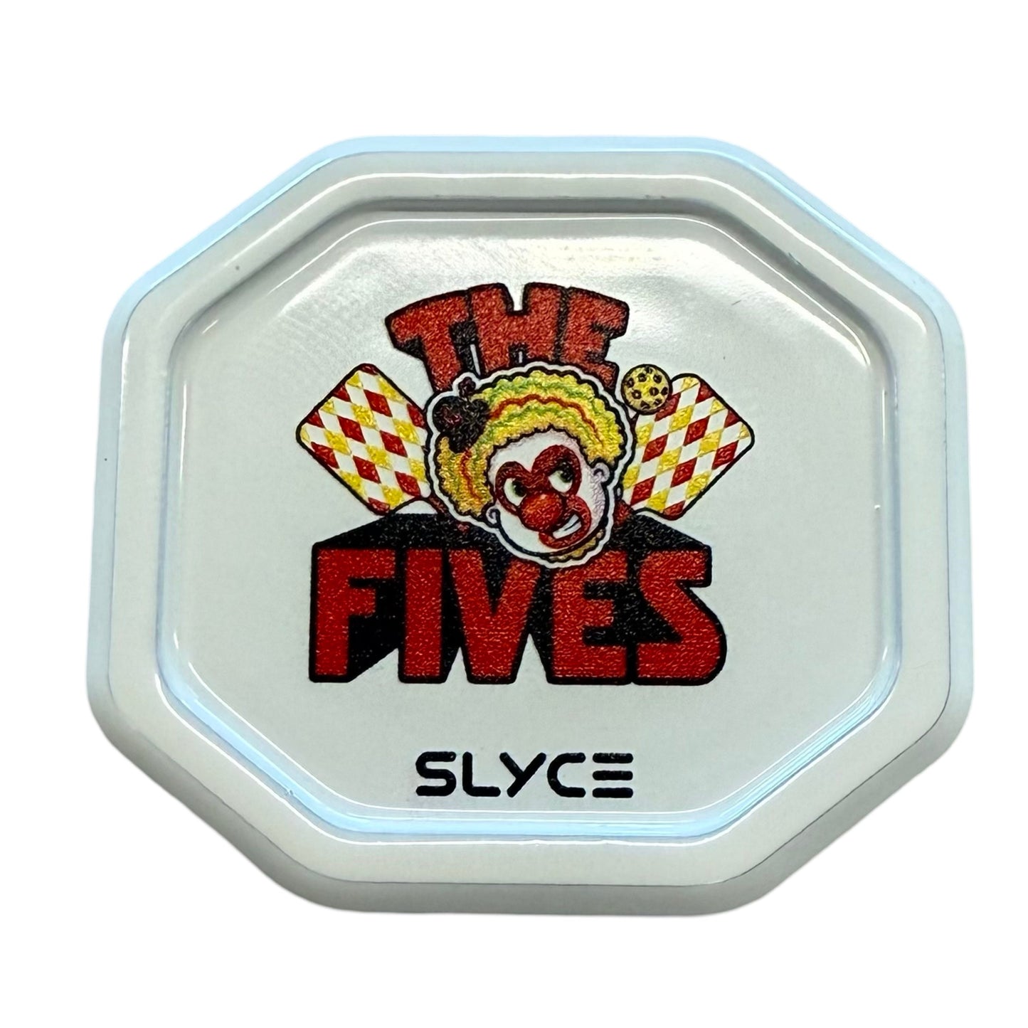 A white, octagonal aluminum SpeedCap lid features bold red "THE FIVES," a cartoon clown head between checkered pizza paddles above, and Slyce Sport branding in black below. This is the Special Edition New Jersey Five’s Paddle Performance Enhancer (28g).