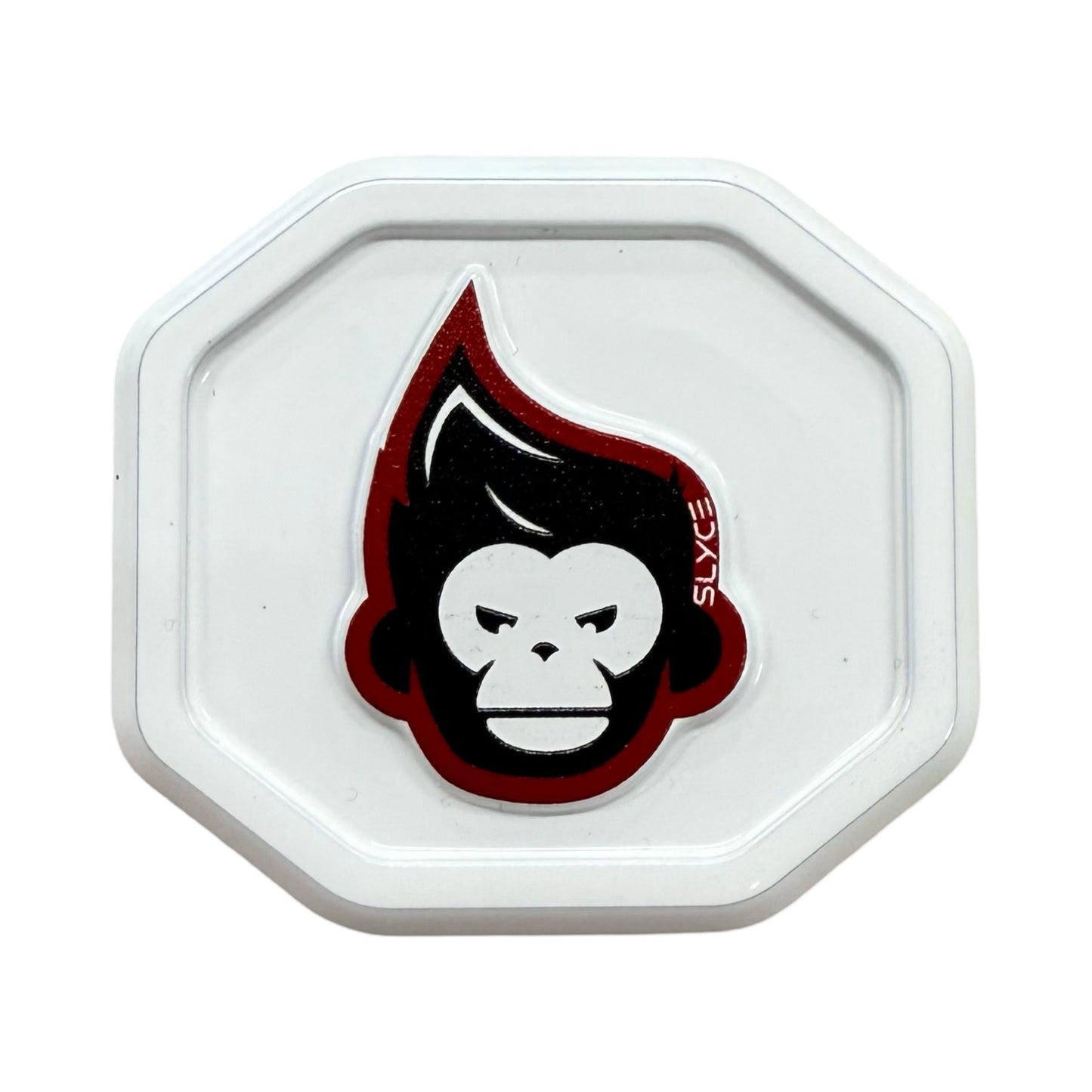 The Slyce Sport Special Edition Pickleball Apes SpeedCap (28g, 1.0 oz.) Paddle Performance Enhancer features a white octagonal grip cap with a bold gorilla logo, red flaming hair, SLYCE text, and is crafted from 6061 aircraft aluminum.