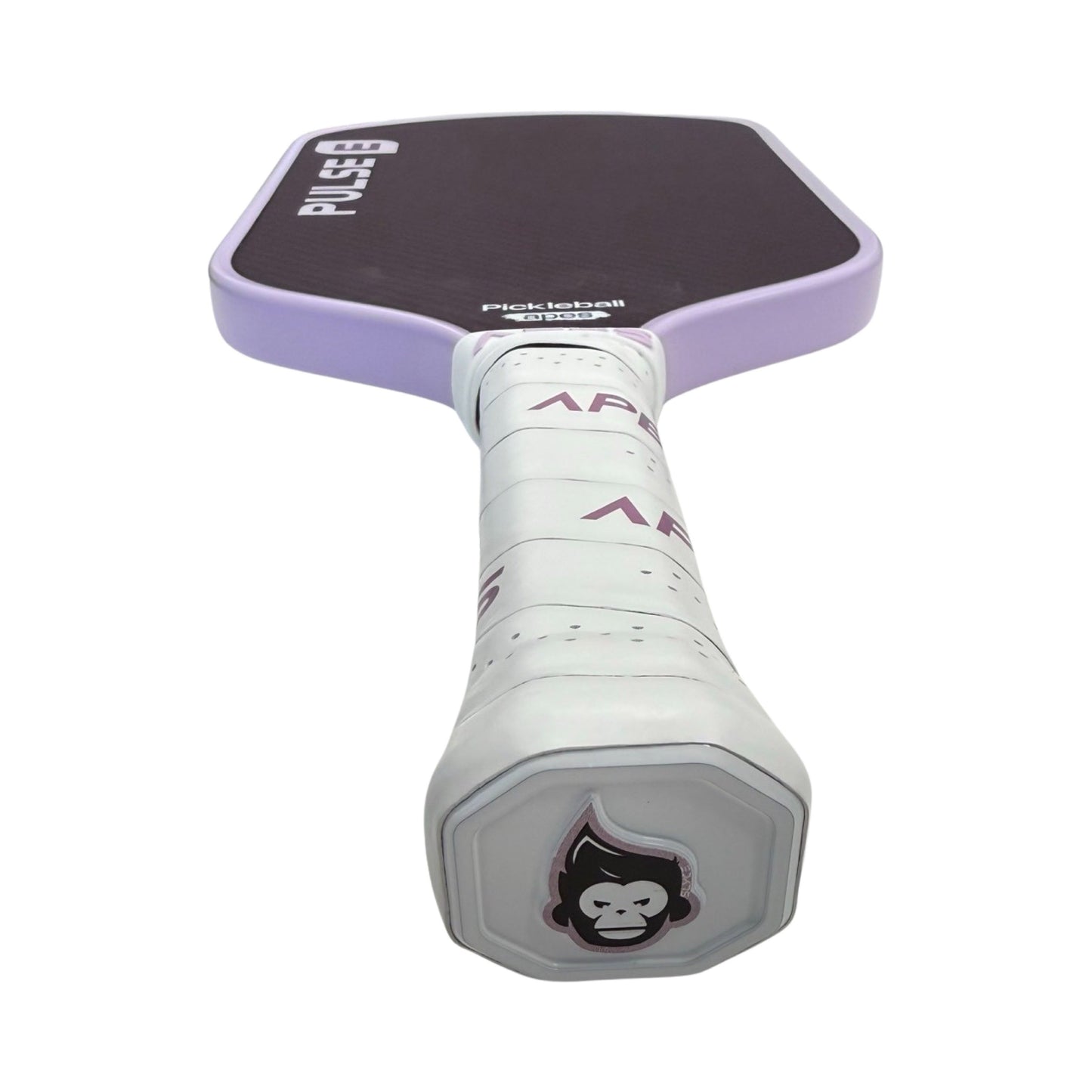 A close-up of the Slyce Sport Special Edition Pickleball Apes SpeedCap Paddle Performance Enhancer shows its purple-edged design, white grip tape with "EV," a monkey logo on the cap, and “PULSE B” on 6061 aircraft aluminum.