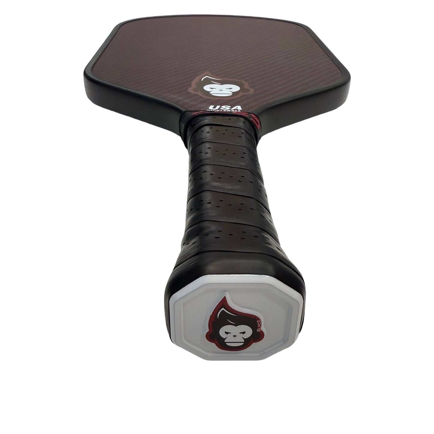 Close-up of a Slyce Sport Special Edition Pickleball Apes SpeedCap (28g, 1.0 oz.), showing a black grip-wrapped handle and gorilla logo end cap on dark 6061 aircraft aluminum paddle with rounded edges.