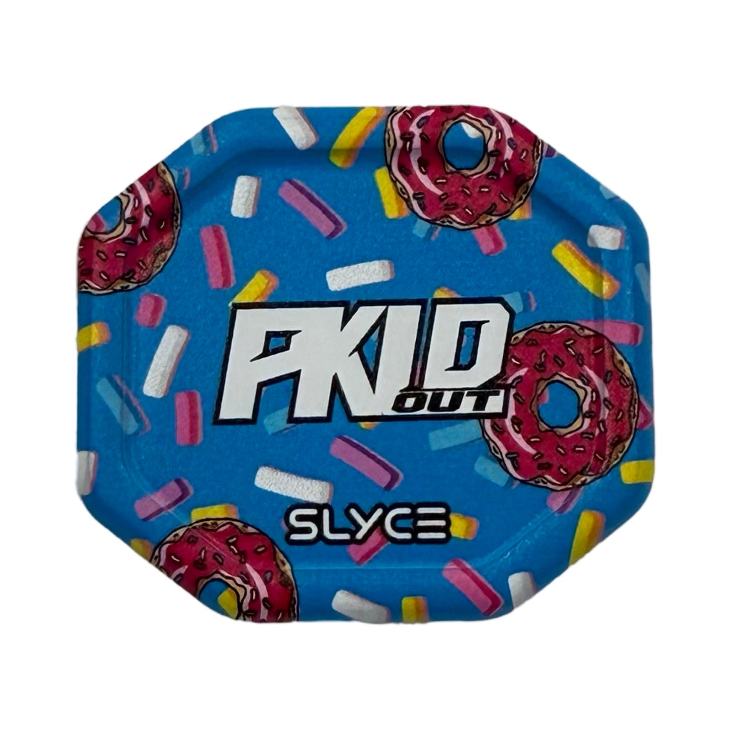 The Special Edition PKLDOUT Blue Monster SpeedCap (28g, 1.0 oz.) by Slyce Sport is a small blue octagonal paddle enhancer with pink donut patterns, "PKID OUT" in bold white text, and "SLYCE" in a stylized font inspired by paddle grip caps.