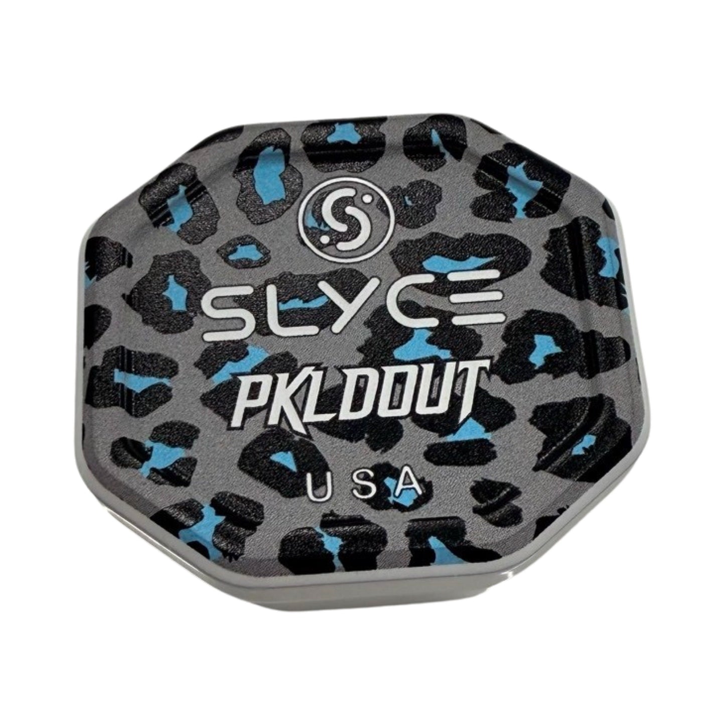 The Slyce Sport Special Edition PKLDOUT Cheetah SpeedCap (28g, 1.0 oz.) features a black octagonal case with blue-gray cheetah print, SLYCE and “PKLDOUT” logos, and fits the SpeedCap paddle grip cap as a stylish performance enhancer.