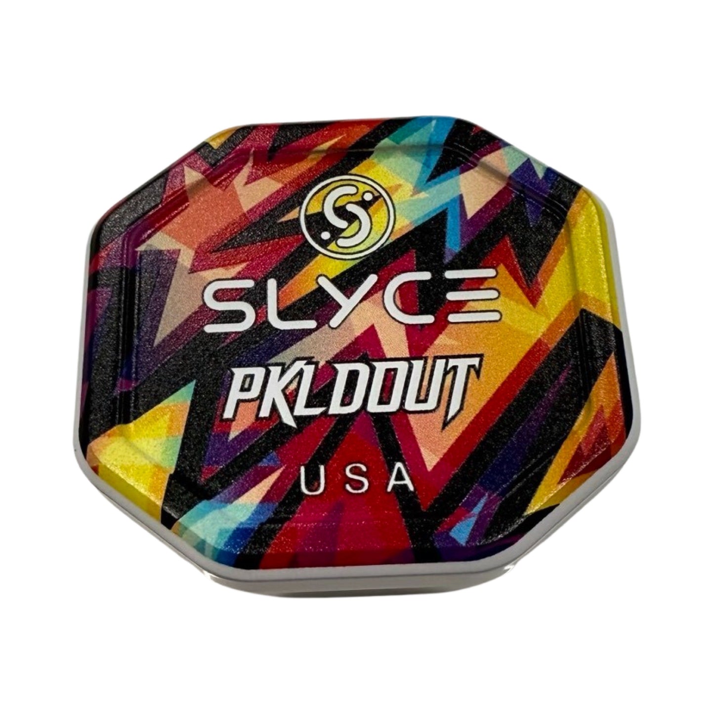 A vibrant, octagonal Slyce Sport Special Edition PKLDOUT Electric SpeedCap (28g) showcases a swirl logo above "SLYCE," "PKLD OUT," and "USA" in bold white on red, yellow, orange, purple, and black geometric shapes to enhance paddle performance.