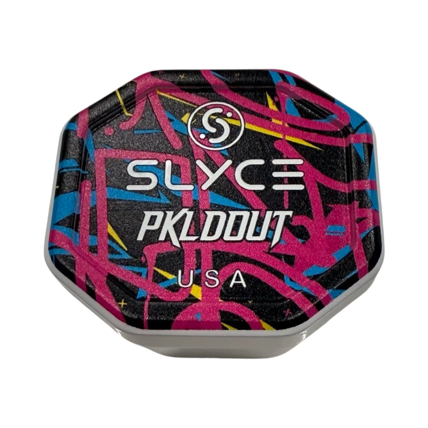 The Slyce Sport Special Edition PKLDOUT Grifitti SpeedCap (28g, 1.0 oz.) features an octagonal black design with vibrant pink, blue, and yellow graffiti lines—ideal for enhancing your pickleball paddle or replacing your grip cap.