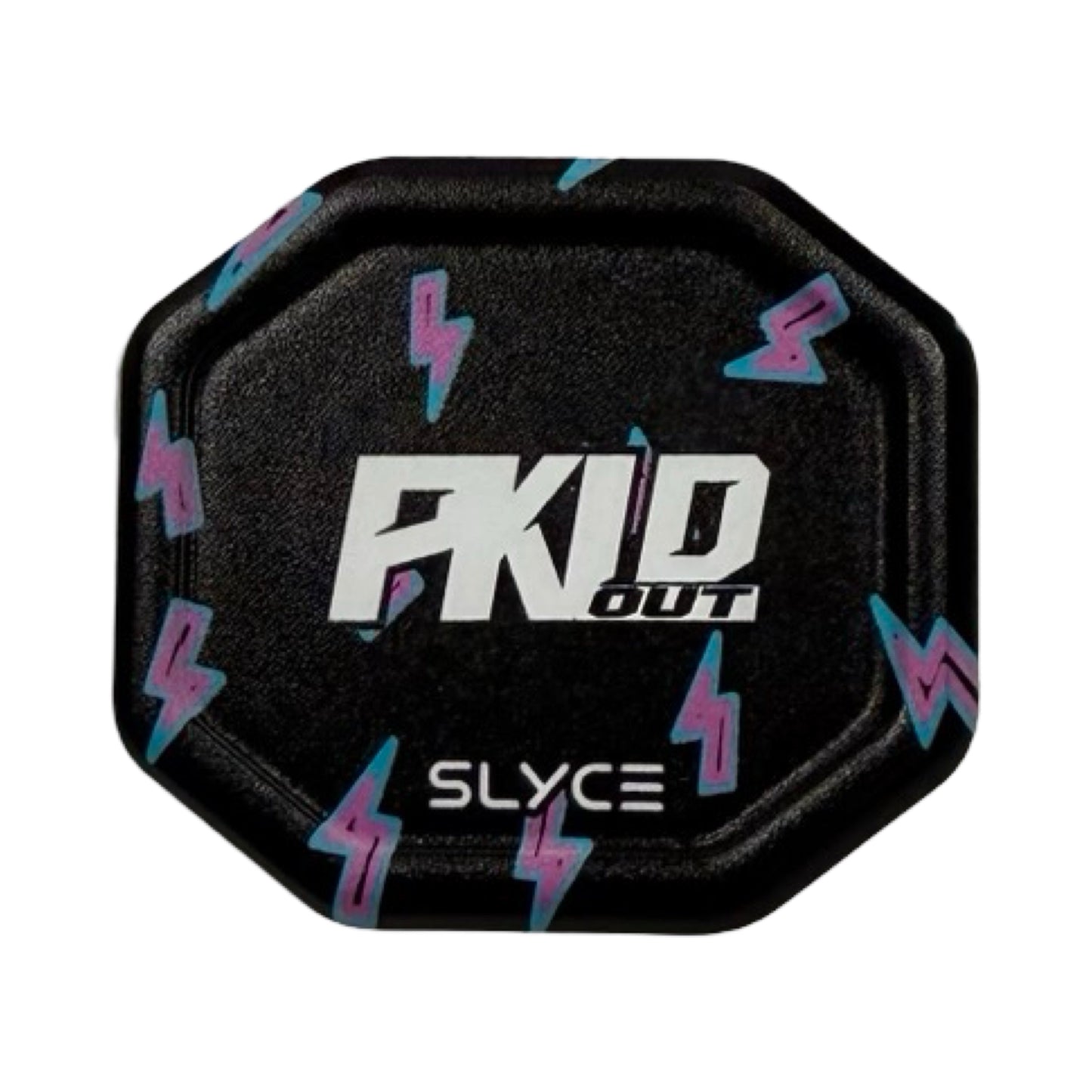 The Special Edition PKLDOUT Lightning SpeedCap (28g, 1.0 oz.) by Slyce Sport is a black octagonal paddle enhancer with bold white PKLD OUT and SLYCE text and striking purple-blue lightning bolts on aircraft aluminum.