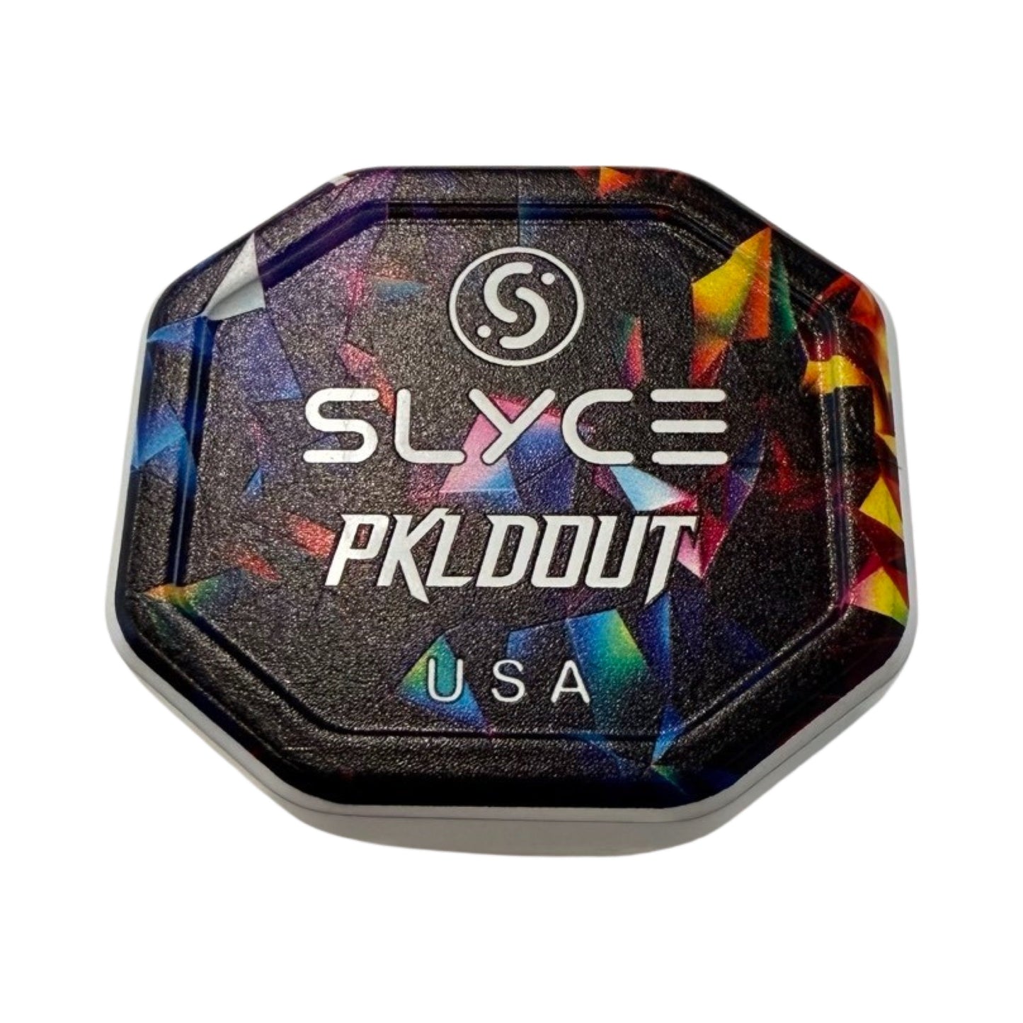 The Slyce Sport Special Edition PKLDOUT Maze SpeedCap (28g, 1.0 oz.) is a black hexagonal, colorfully designed container made from durable 6061 aircraft aluminum, inspired by modern Pickleball paddle grip caps.