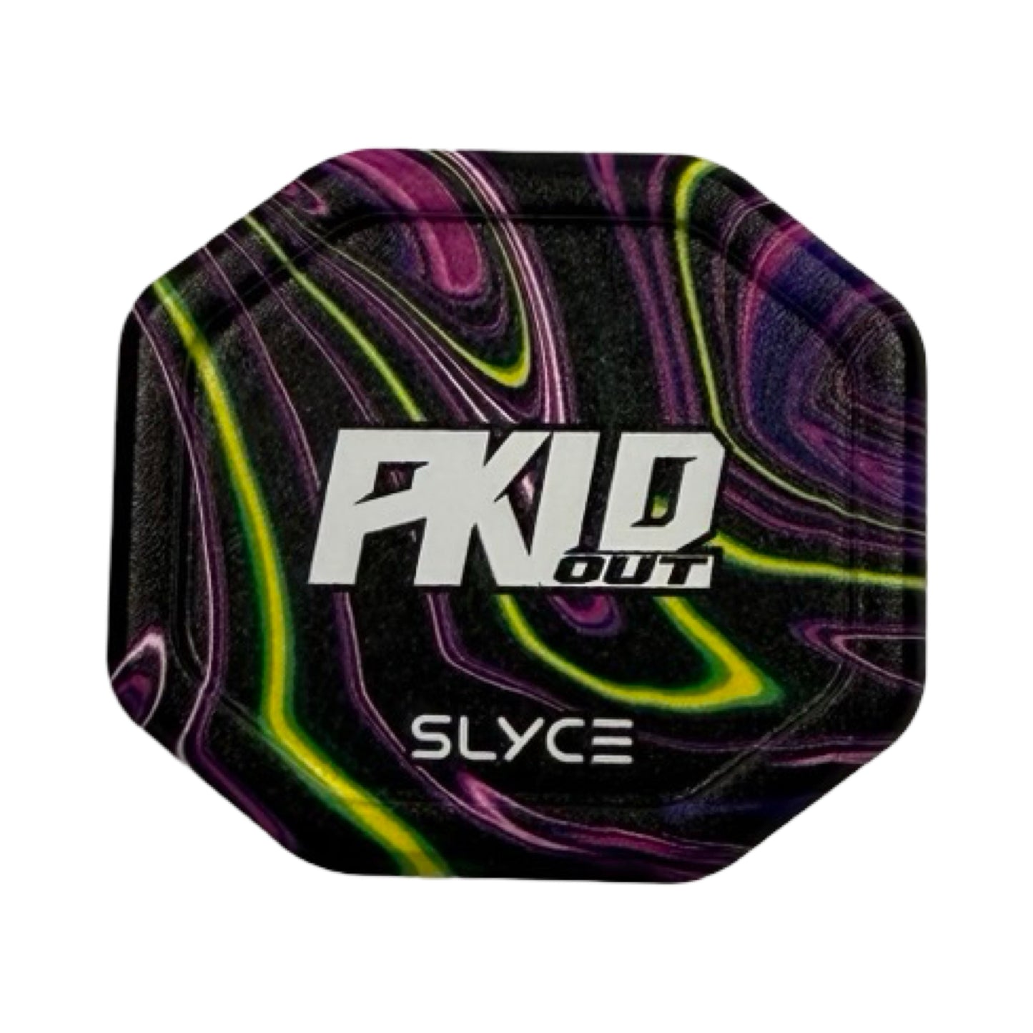 The Slyce Sport Special Edition PKLDOUT Neon Swirl SpeedCap (28g, 1.0 oz.) boasts an octagonal black base with neon green, yellow, and purple swirls, plus bold white “PKLD OUT” text—an eye-catching pickleball paddle grip cap for standout style.