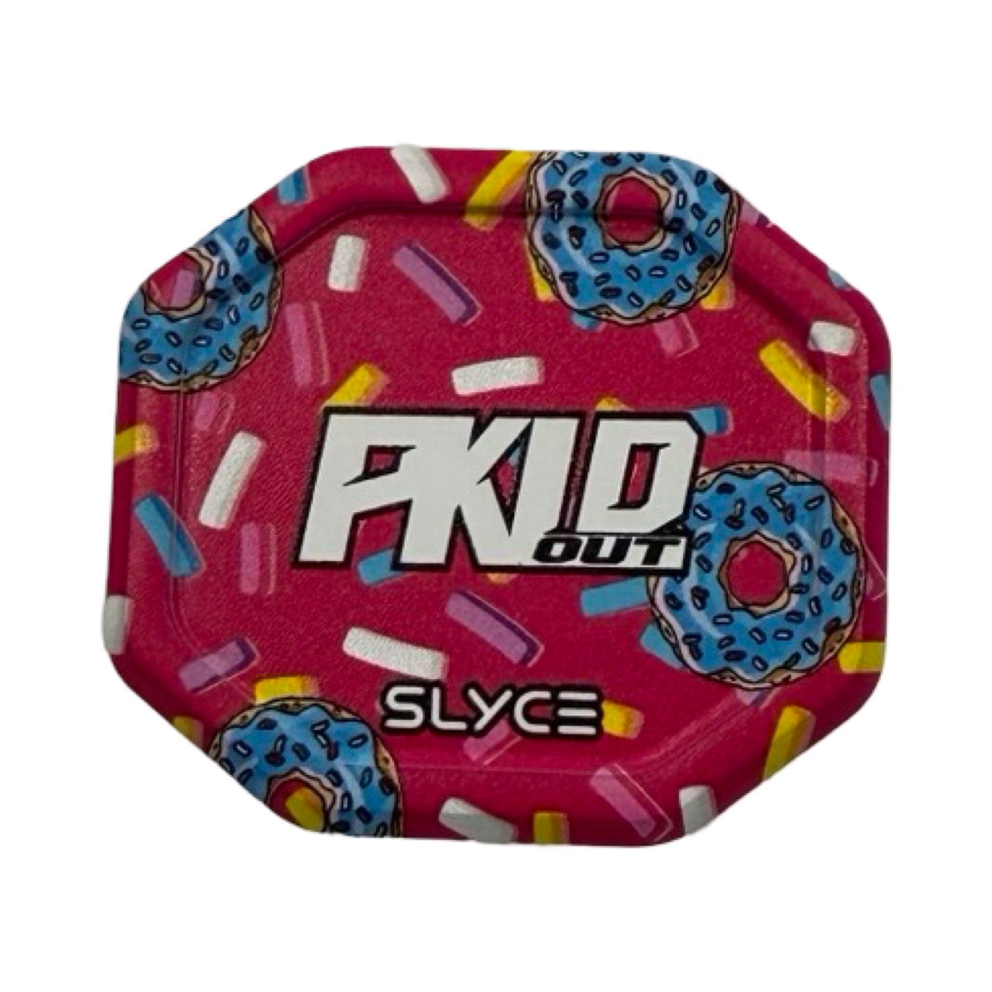 The Special Edition PKLDOUT Pink Monster SpeedCap (28g, 1.0 oz.) by Slyce Sport features a pink octagonal tray with blue sprinkle donuts and colorful sprinkles, bold PKID OUT text, and is inspired by aircraft aluminum pickleball accessory design.
