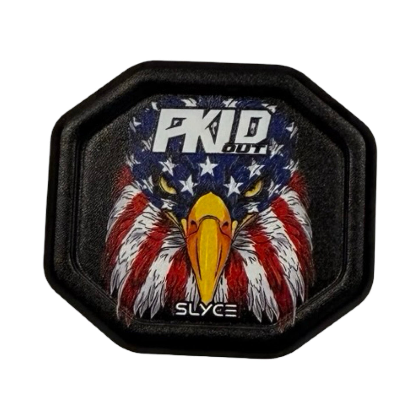 The Special Edition PKLDOUT SpeedCap by Slyce Sport features a black octagonal patch with a fierce eagle head in an American flag motif and bold PKID OUT text. Ideal as a pickleball paddle performance enhancer or accessory.
