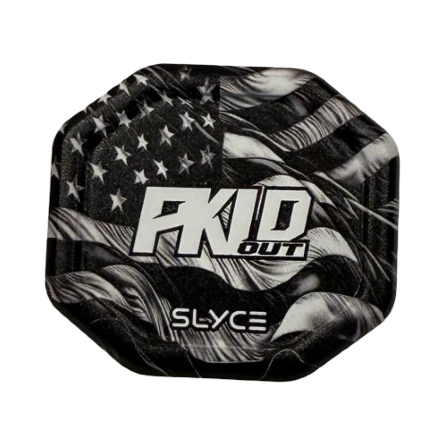 The Special Edition PKLDOUT SpeedCap by Slyce Sport is a black-and-white octagonal aircraft aluminum pickleball accessory with an American flag design, bold “PKLD OUT” text in the center, and “SLYCE” at the bottom.