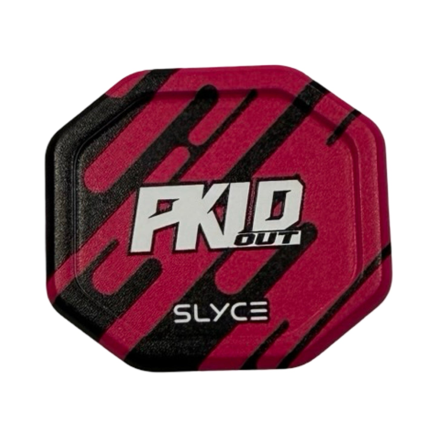 The Special Edition PKLDOUT SpeedCap Paddle Performance Enhancer by Slyce Sport features a red and black octagonal design with bold white “PKID OUT” text, “SLYCE” at the bottom, and black stripes—ideal for upgrading your pickleball paddle.