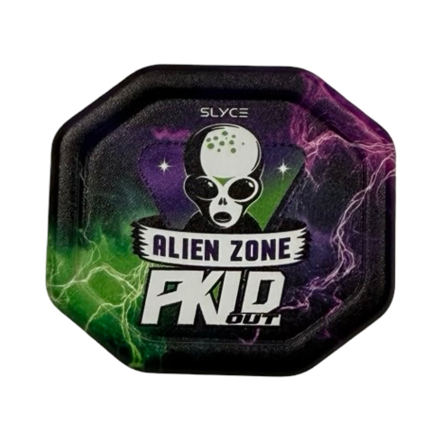 The Slyce Sport Special Edition PKLDOUT SpeedCap Paddle Performance Enhancer features an octagonal design with a vibrant lightning background, alien head, and bold text—an eye-catching aluminum pickleball accessory for your collection.