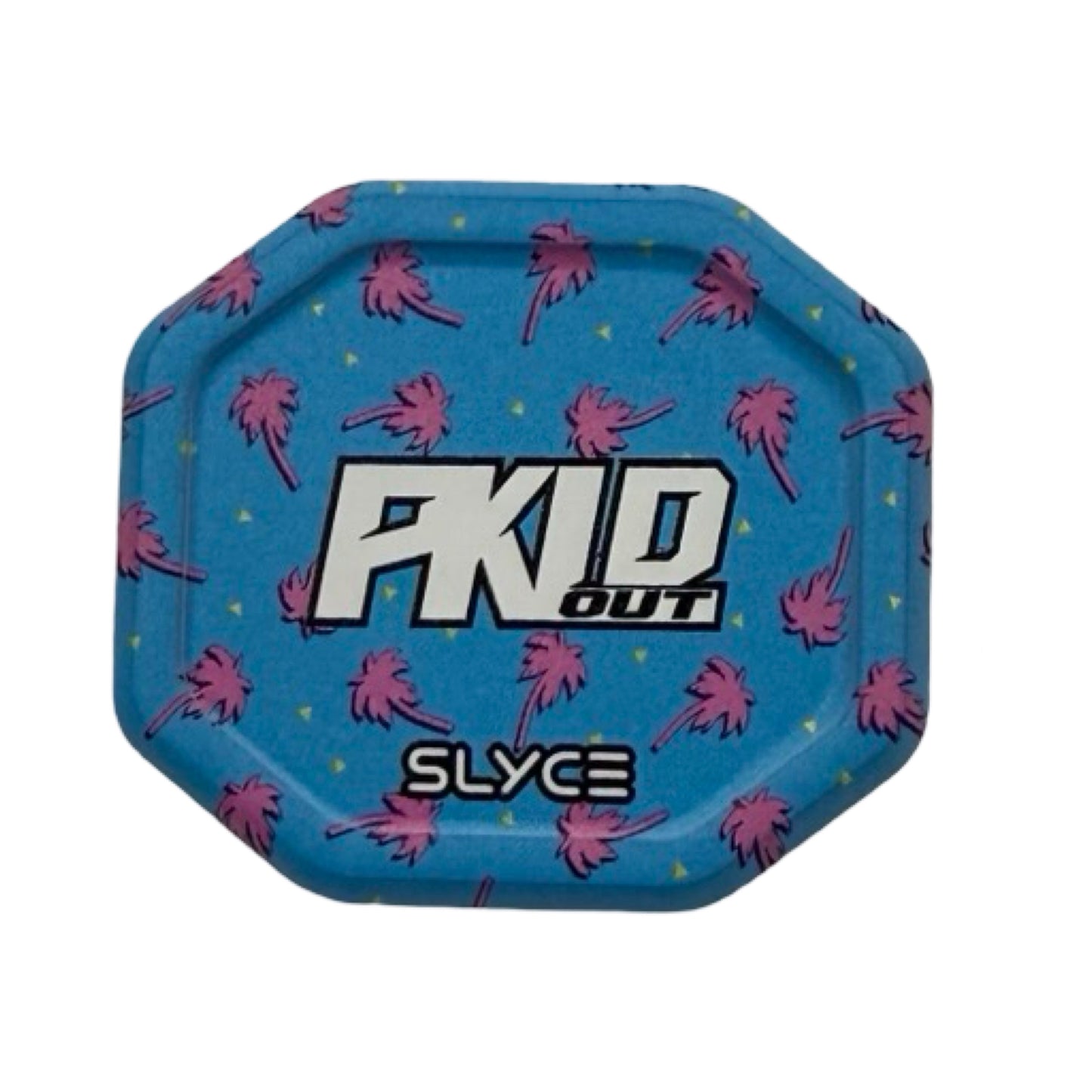 The Special Edition PKLDOUT SpeedCap Paddle Performance Enhancer by Slyce Sport features a blue, octagonal design with pink palm trees, yellow triangles, and bold PKLD OUT with SLYCE—perfect for any pickleball enthusiast.