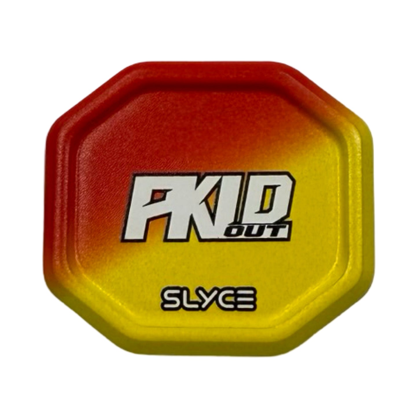 The Special Edition PKLDOUT SpeedCap Paddle Performance Enhancer by Slyce Sport features a small octagonal design fading from red to yellow, “PKID OUT” in bold white and black text, and a futuristic “SLYCE” logo below.
