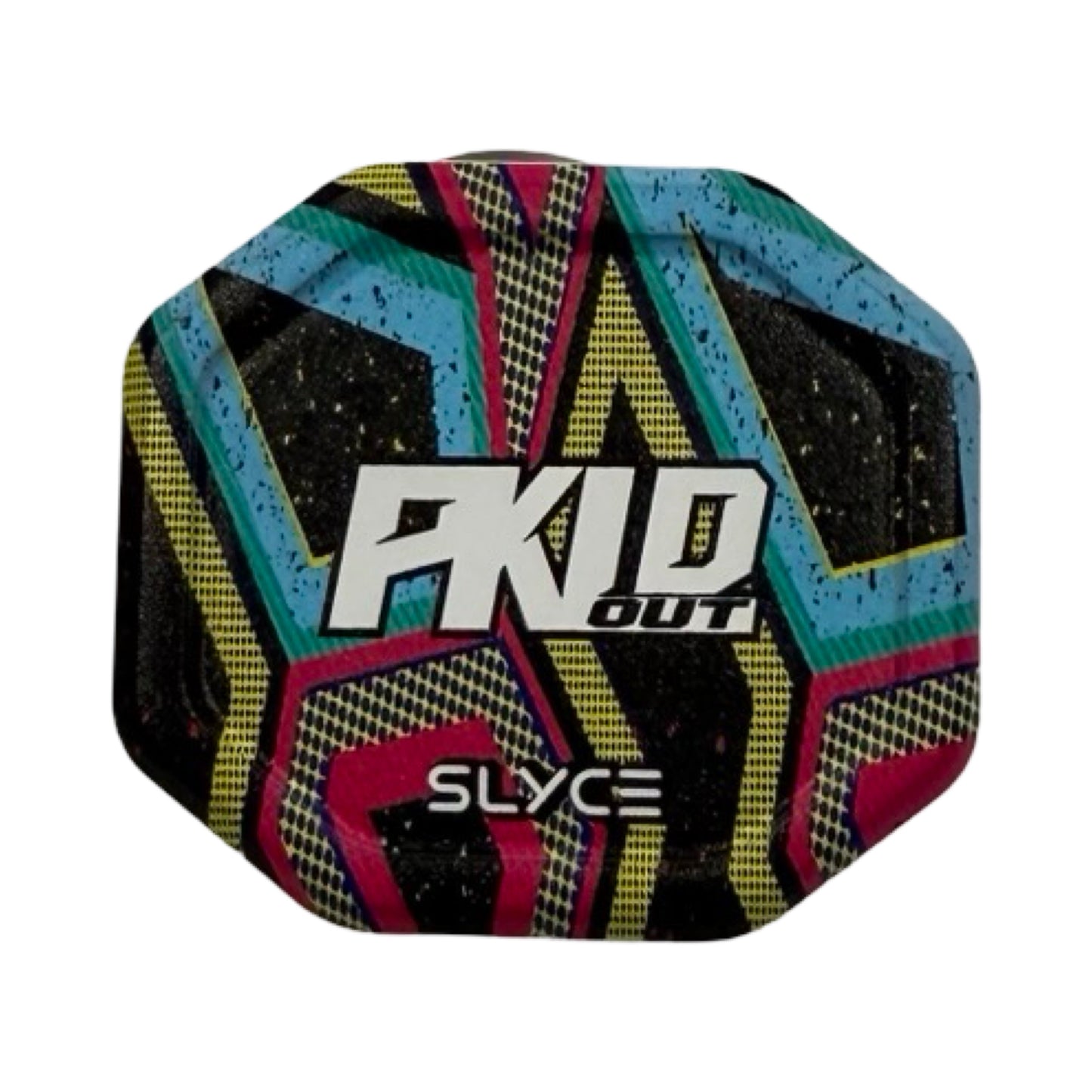 The Special Edition PKLDOUT SpeedCap by Slyce Sport is a colorful, octagonal pickleball paddle grip cap with a red, yellow, blue, and black geometric pattern, "PKLD OUT" in bold white text, and speckled background for extra texture.