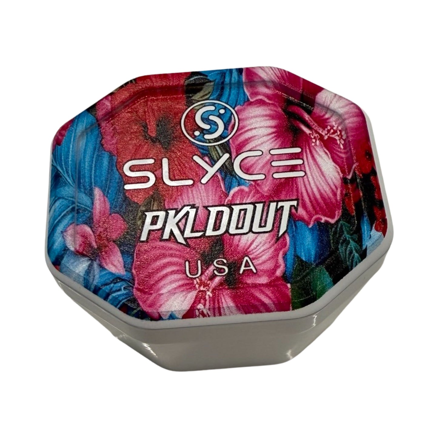 The Special Edition PKLDOUT Tropical-Daze SpeedCap (28g) by Slyce Sport features an octagonal lid with a vibrant pink/blue hibiscus design, white SLYCE text above PKLDOUT USA and a stylized S logo, plus silver-gray sides.