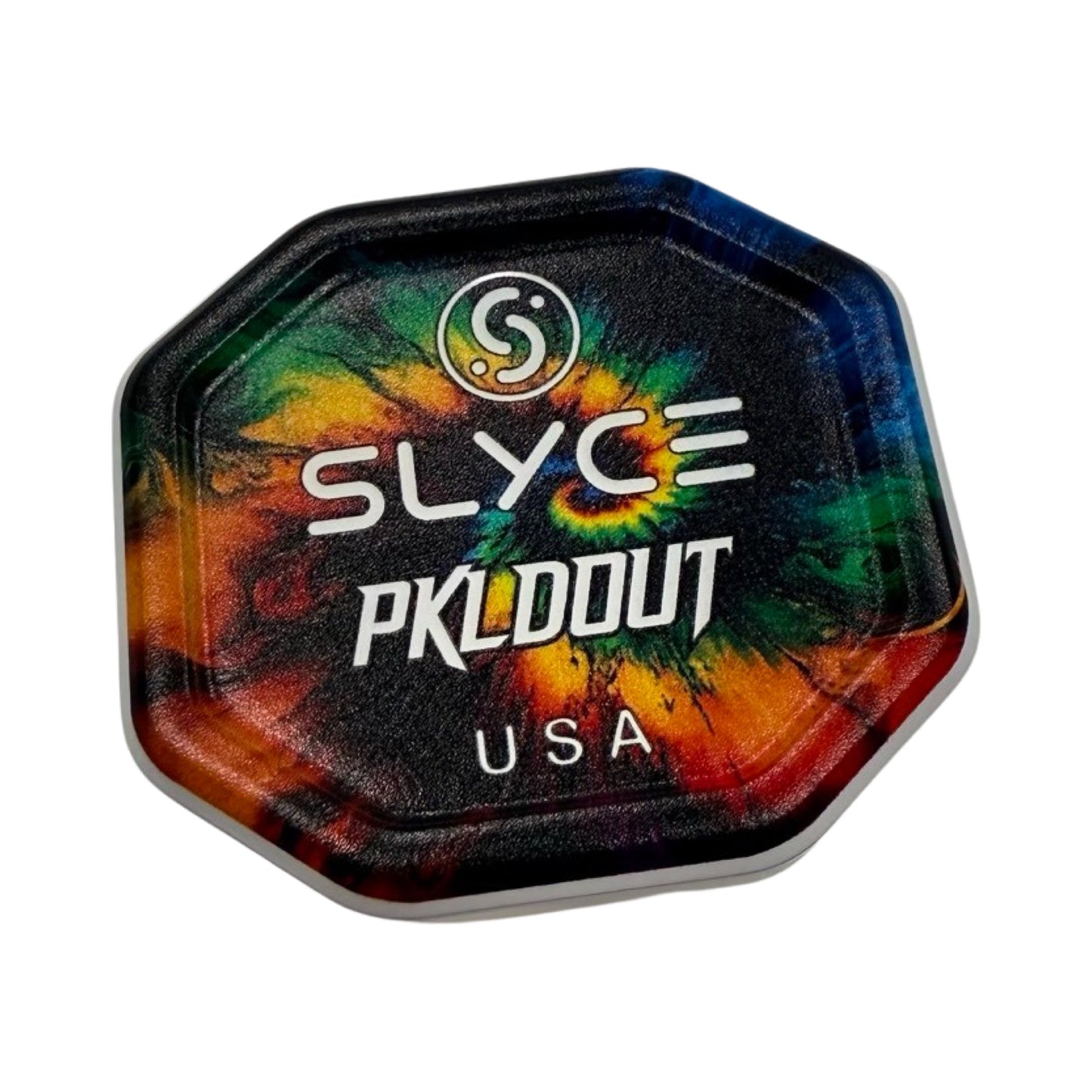 The Special Edition PKLDOUT Tyedye SpeedCap (28g, 1.0 oz.) Paddle Performance Enhancer by Slyce Sport features an octagonal 6061 Aircraft Aluminum tray with a tie-dye pattern, black center, “SLYCE PKLDOUT USA” text, and a circular Slyce logo.
