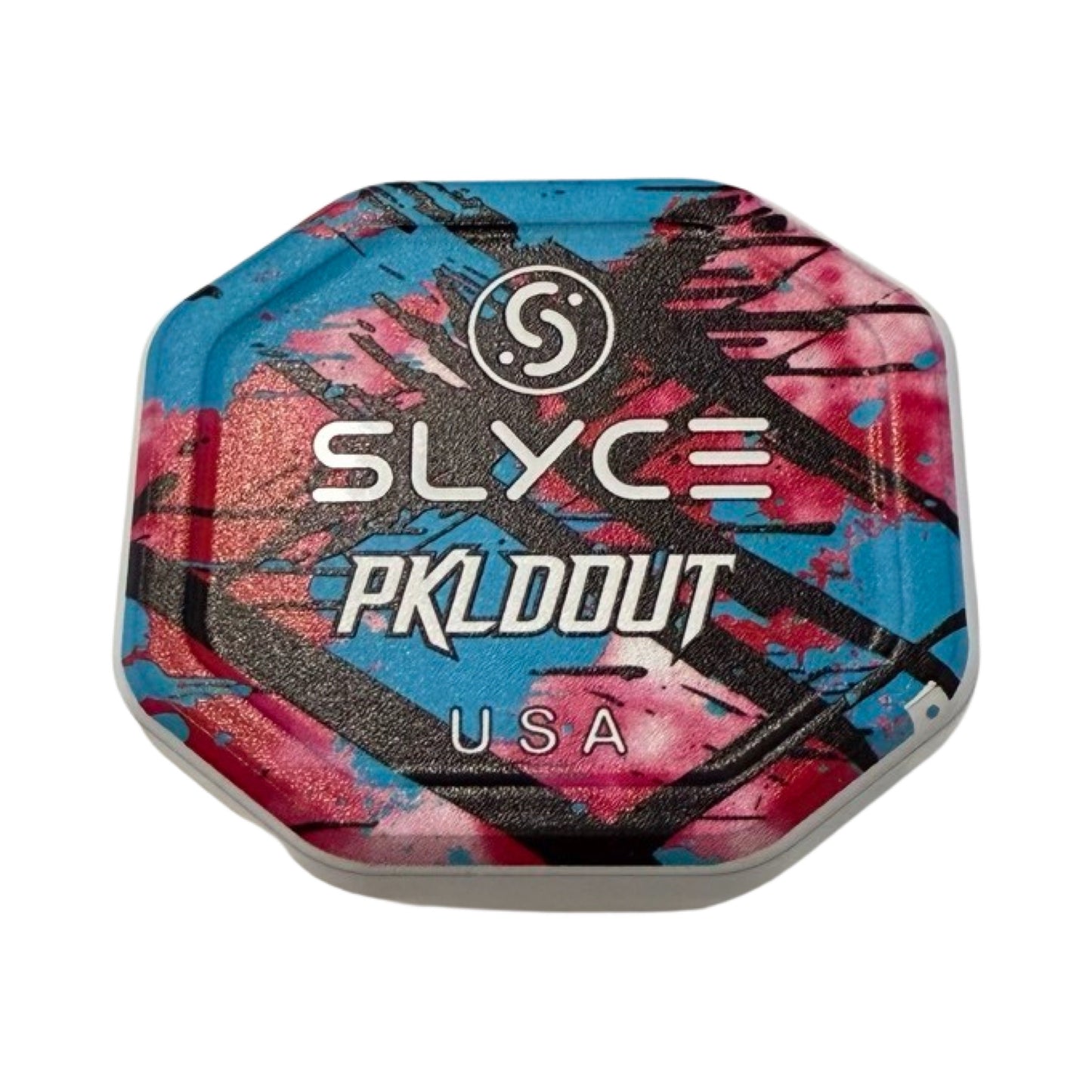 The Slyce Sport Special Edition PKLDOUT Wipeout SpeedCap (28g, 1.0 oz.) is an octagonal paddle performance enhancer with a blue, pink, and black abstract design, white SLYCE/PKLDOUT/USA logos, and a circular emblem on a plain white background.