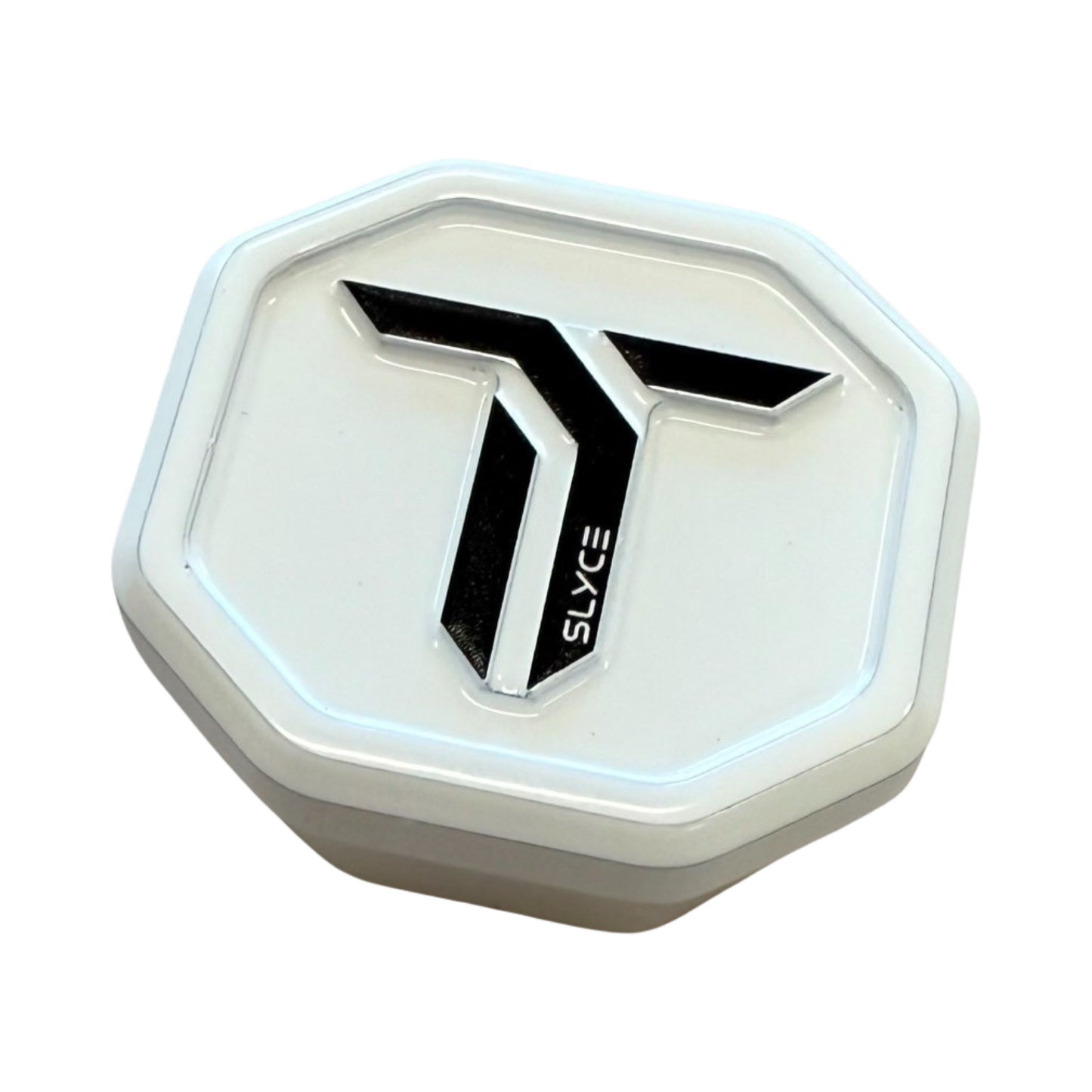 The Slyce Sport Special Edition Thrive Pickleball SpeedCap (28g, 1.0 oz.) is a white, octagonal replacement grip cap with a glossy black “T” logo and “SLYCE,” designed to enhance paddle performance.