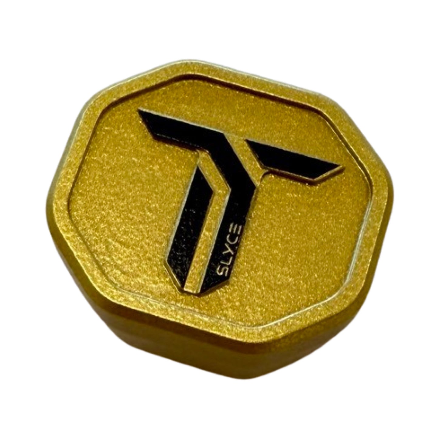 The Special Edition Thrive Pickleball SpeedCap (28g, 1.0 oz.) by Slyce Sport is a gold, octagonal 6061 Aircraft Aluminum token featuring a raised black T logo and “SLYCE” vertically—designed to enhance paddle performance. White background.