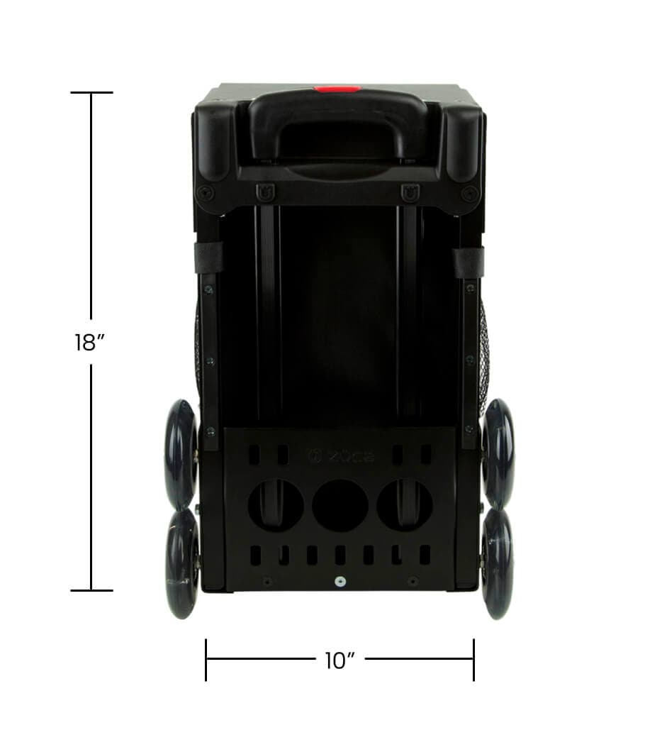 The ZUCA Pickleball Sport Black/Blue is shown upright, like a rolling sports bag, with six wheels (three per side), a top handle, mesh side panels, vent holes at the base, and labeled dimensions: 18 inches tall by 10 inches wide.