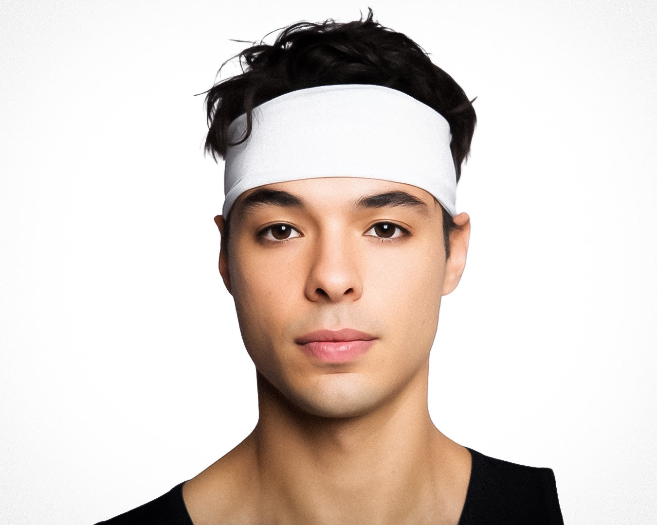A young man with short, dark hair models the Massov Sports Headband in white and a black sleeveless shirt, facing forward with a neutral expression against a plain white background.