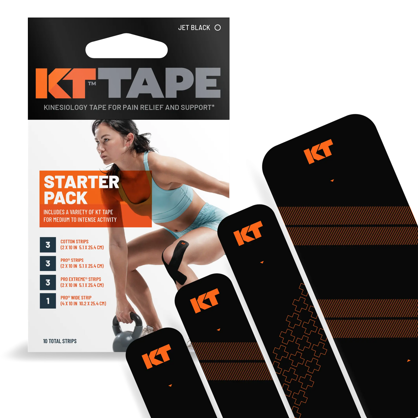 The KT Tape Starter Pack by KT Tape is shown, featuring a woman in sportswear applying black, orange-patterned KT Tape kinesiology strips to her thigh. The pack displays included tape types designed for pain relief.