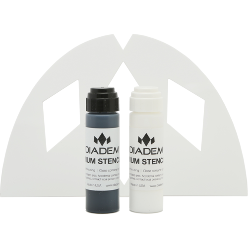 Two cylindrical bottles labeled Diadem Sports stand side by side—one black, one white. Behind them, a white semi-circle with diamond cutouts highlights the Diadem Stencil and Ink Bundle against a light background.