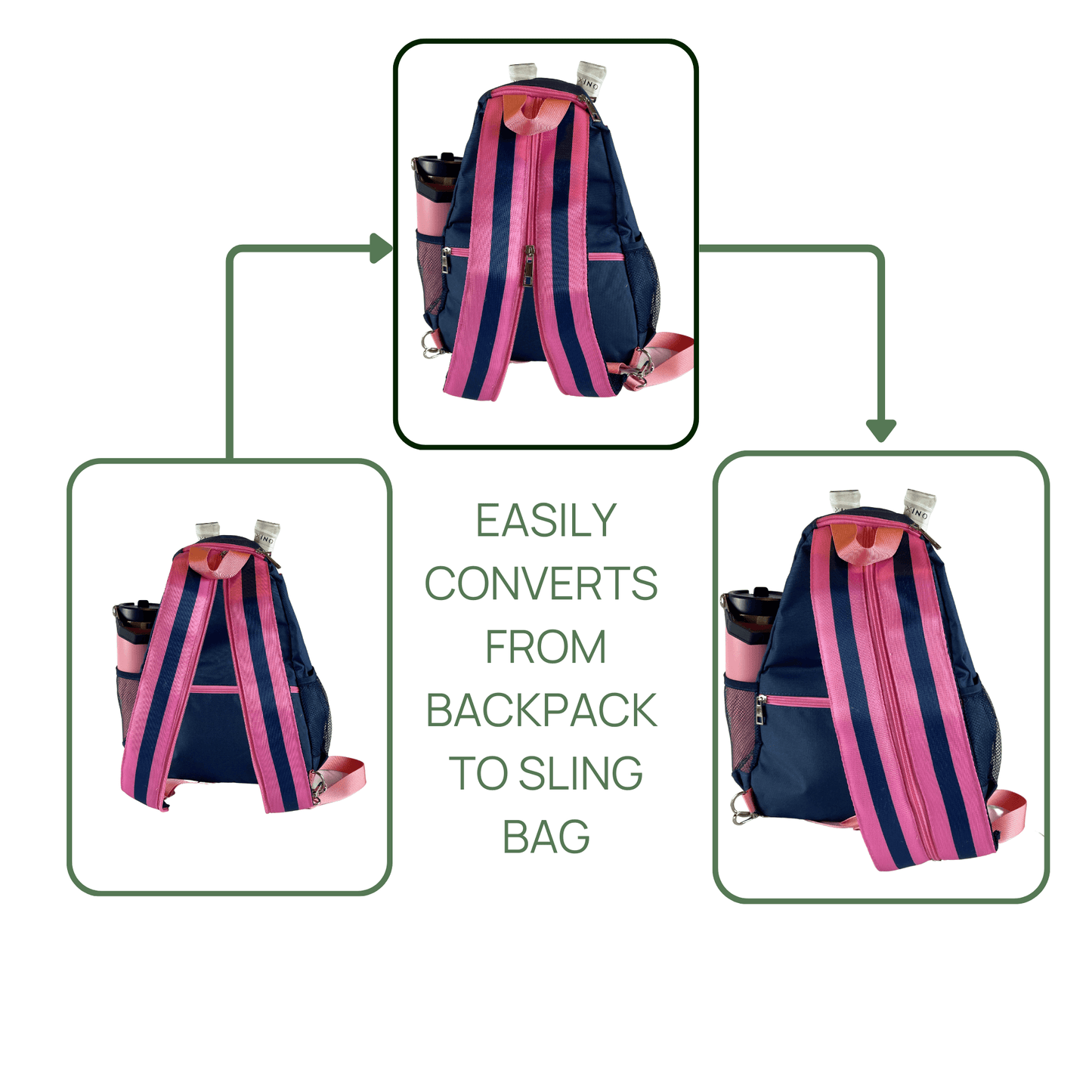 The Teddi Pickleball Backpack by Fresh Pickle is shown in navy blue with wide pink-striped straps, displayed as both a backpack and sling bag. Green arrows highlight its hands-free versatility and spacious interior.