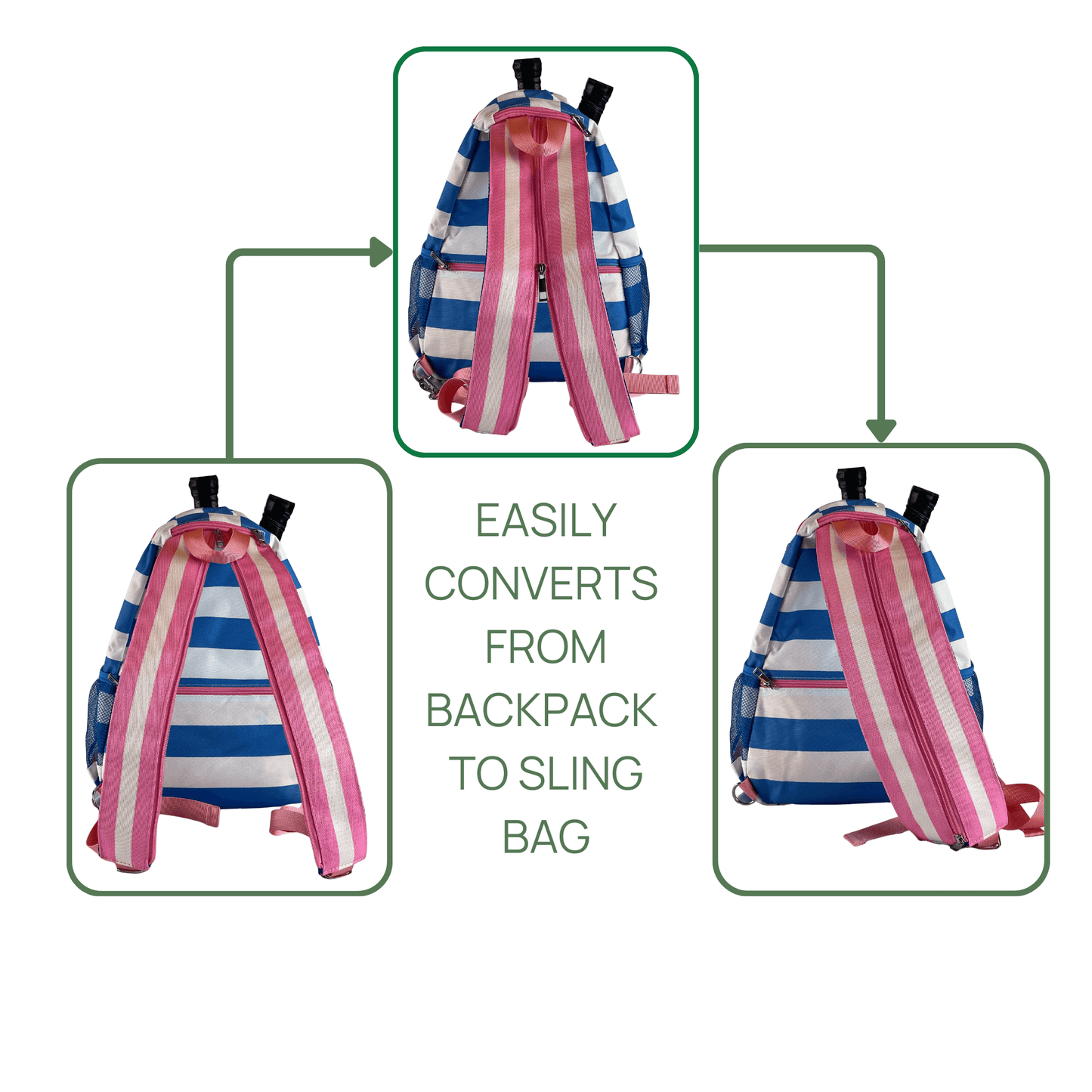 Three images show the Fresh Pickle Teddi Pickleball Backpack in blue-and-white stripes with pink straps, easily converting from a backpack to a sling bag. Green arrows highlight its versatile, spacious interior.