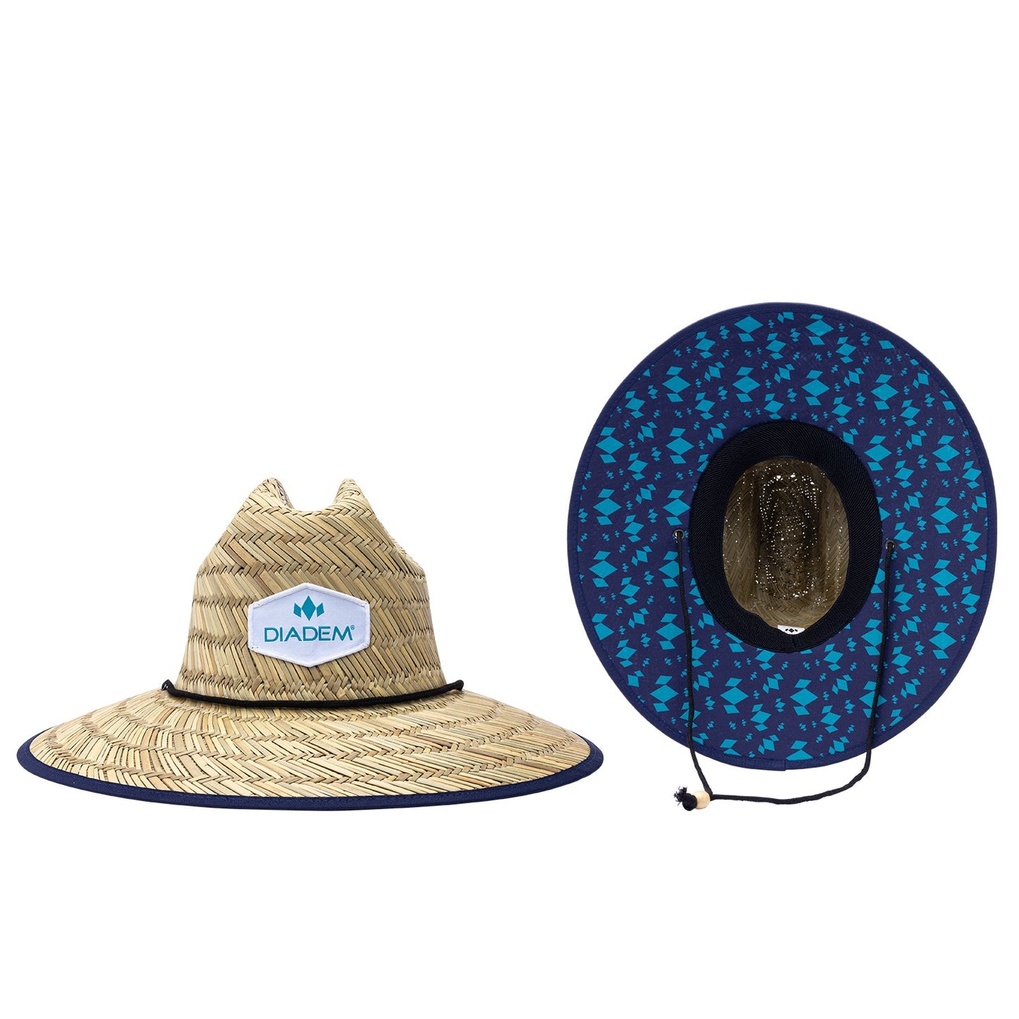 The Sun Straw Hat by Diadem Sports is shown from the front and top, featuring a blue-and-white DIABEM patch, black drawstring, and a blue underside with turquoise leaf pattern—an ideal addition to your summer wardrobe.