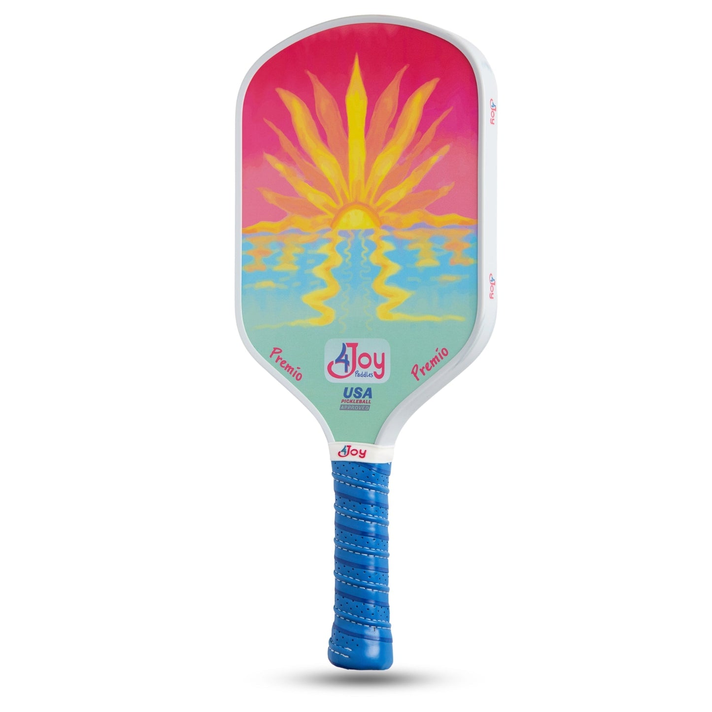 The Sunset 4Joy Pickleball Paddle Premio Series by 4Joy Paddles features a carbon fiber face with a yellow sun over blue water and a pink-orange sky, a blue-gripped handle, “Joy” and “Premio” branding, and USA Pickleball Approval on thermoformed foam.