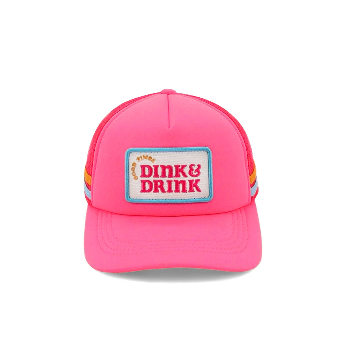 The Dink & Drink Pink Foam Snapback Hat by Swinton Pickleball features a hot pink design, mesh back, rainbow side stripes, and a "GOOD TIMES DINK & DRINK" patch. It has an adjustable snap closure and is perfect for pickleball fans.