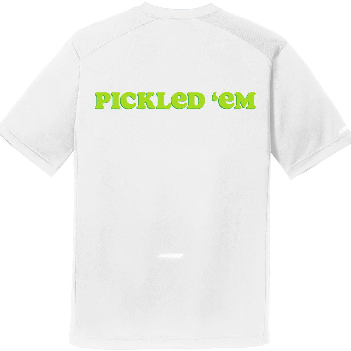 The Swinton Pickleball Men's Pickled 'Em Performance Shirt White is a moisture-wicking tee featuring "PICKLED EM" in bold, bright green on the upper back, with a simple design and no other graphics or logos.