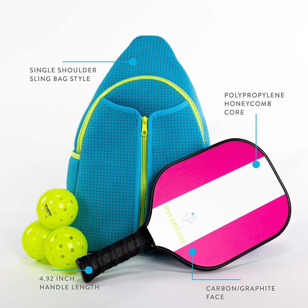 The Swinton Pickleball Starter Bundle - Blue features a blue single-shoulder sling bag, three yellow pickleball balls, and a carbon/graphite paddle—perfect for beginners or as a gift, with labels highlighting each feature.
