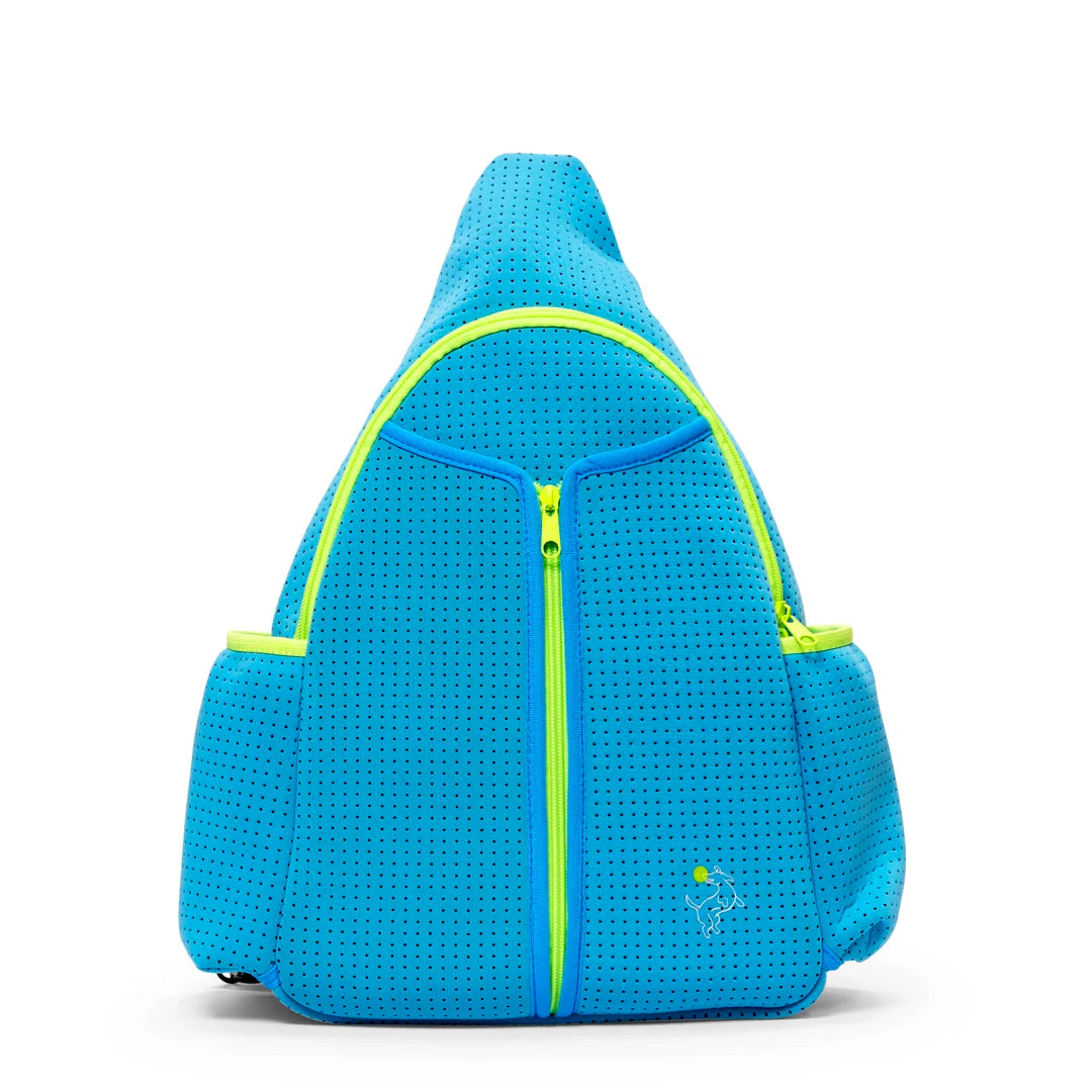 The Swinton Pickleball Sling Bag - Blue features bright blue perforated neoprene, neon yellow zippers and trim, two large front zip pockets, side pockets, a white kangaroo logo, and a sporty design—ideal for stylishly carrying your pickleball gear.