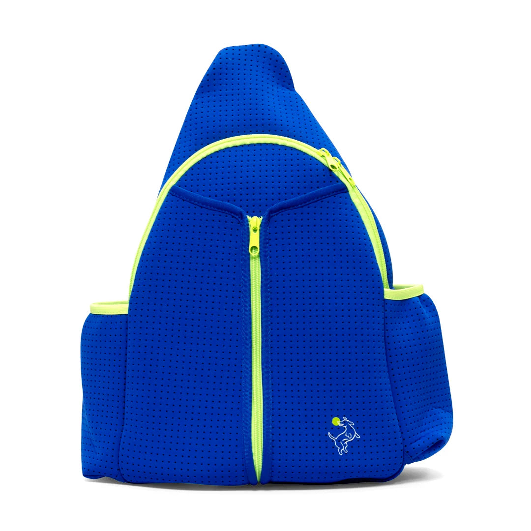 The Swinton Pickleball Paddle Sling Bag in Royal Blue features perforated neoprene, lime green zippers and trim, two side pockets, a small white tennis player logo, and a teardrop shape—ideal for active lifestyles.