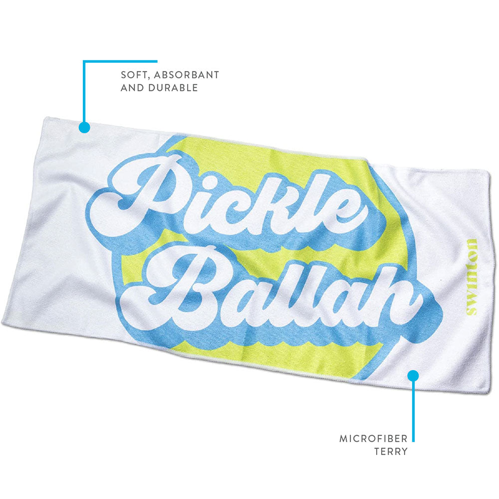 The Pickleball Sports Towel White by Swinton Pickleball features "Pickle Baller" in bold blue script on a green circle. Made from soft, absorbent, and durable microfiber terry, with HYDROLUX printed on the right edge.