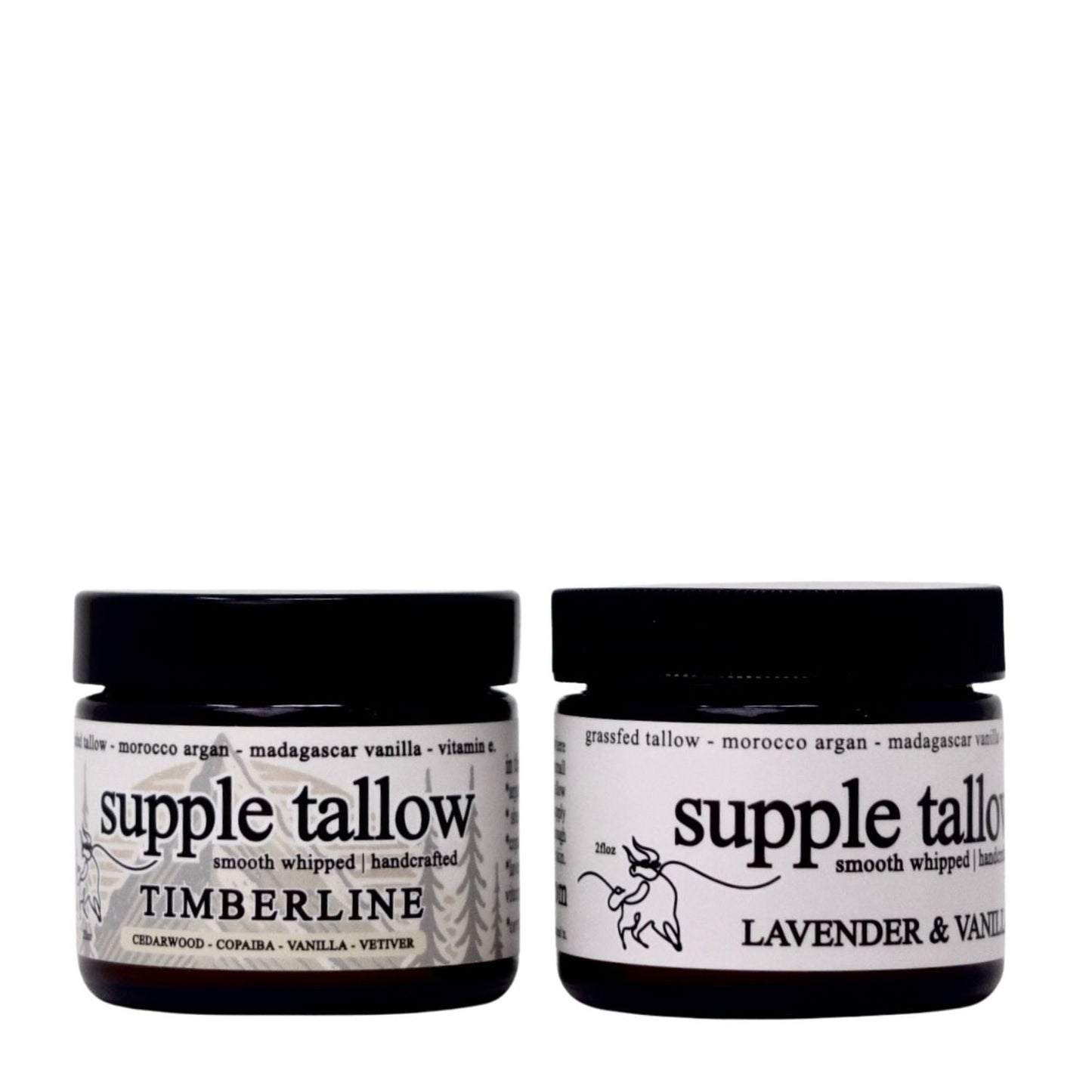 Two black jars of "supple tallow salve" by Roots Apothecary, crafted from grassfed tallow, are shown. The left is labeled “Timberline,” the right “Lavender & Vanilla”—both with white labels and black text—ideal for organic skincare routines.